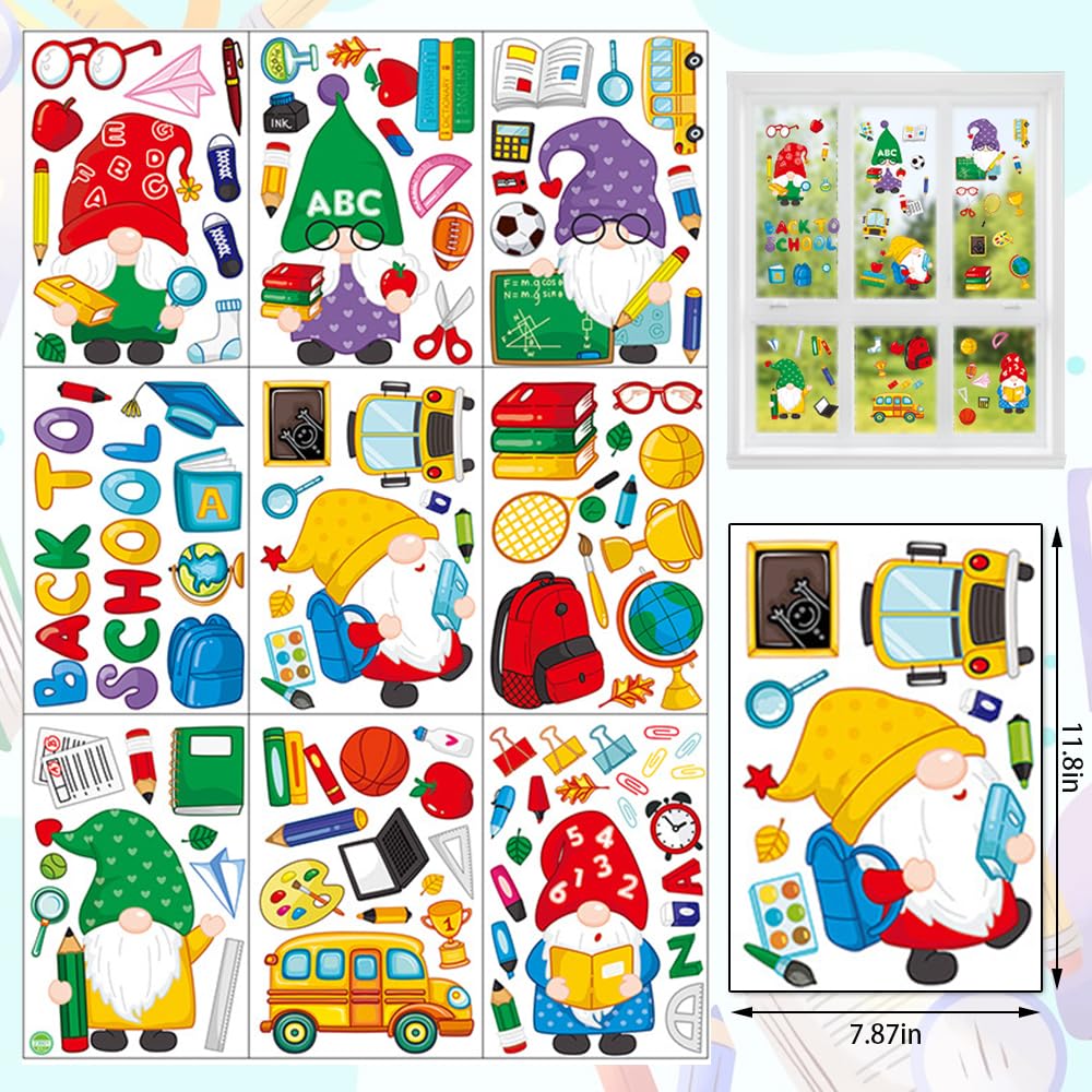 9 Sheets Back To School Window Clings, Gnome Book School Bus Double-Sided Window Decals Reusable Static Abc Apple First Day Of S