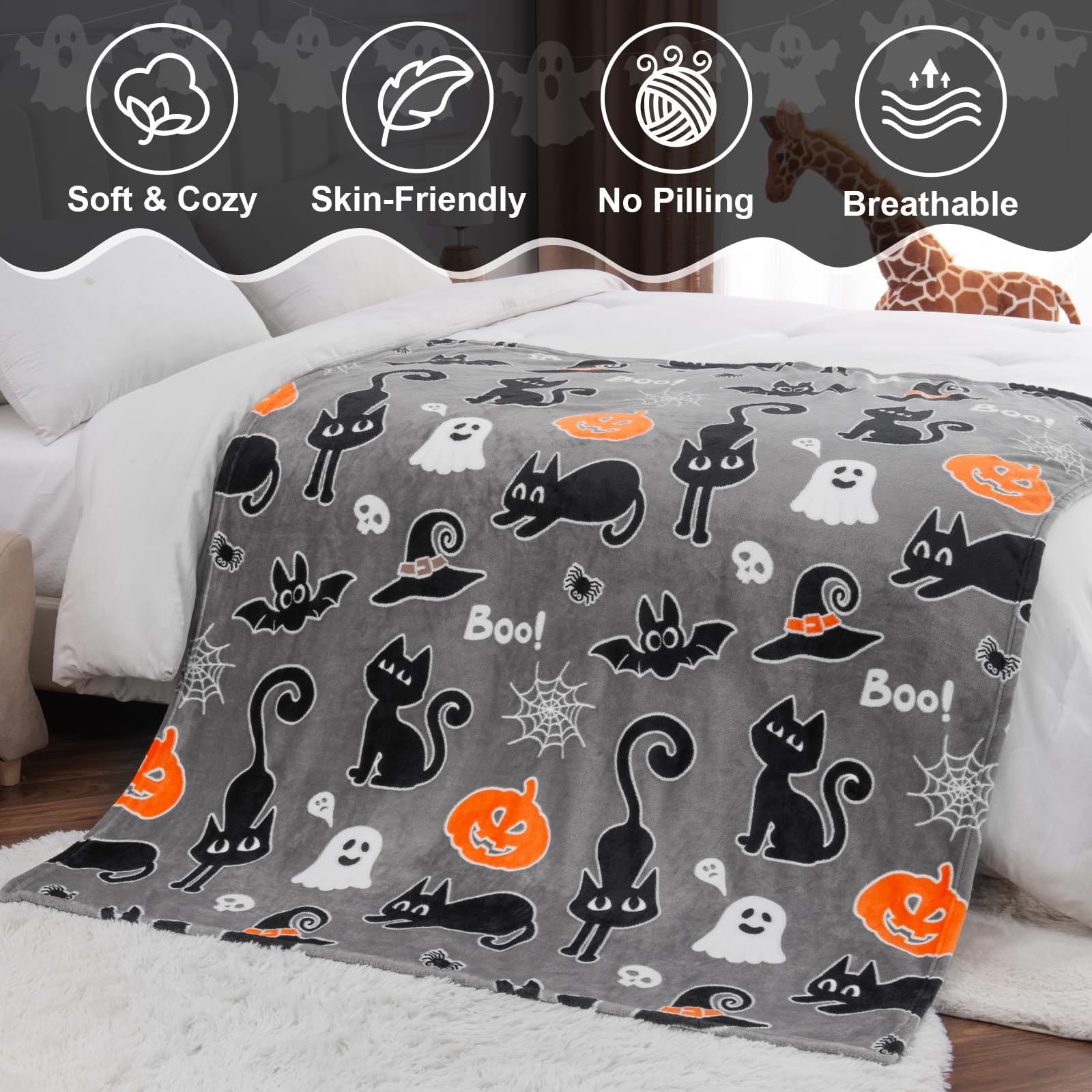 Halloween Decorations Blanket Gifts For Kids - Pumpkin Spooky Bat Cat Glow In The Dark Soft Throw Toys Presents For Boys Girls T