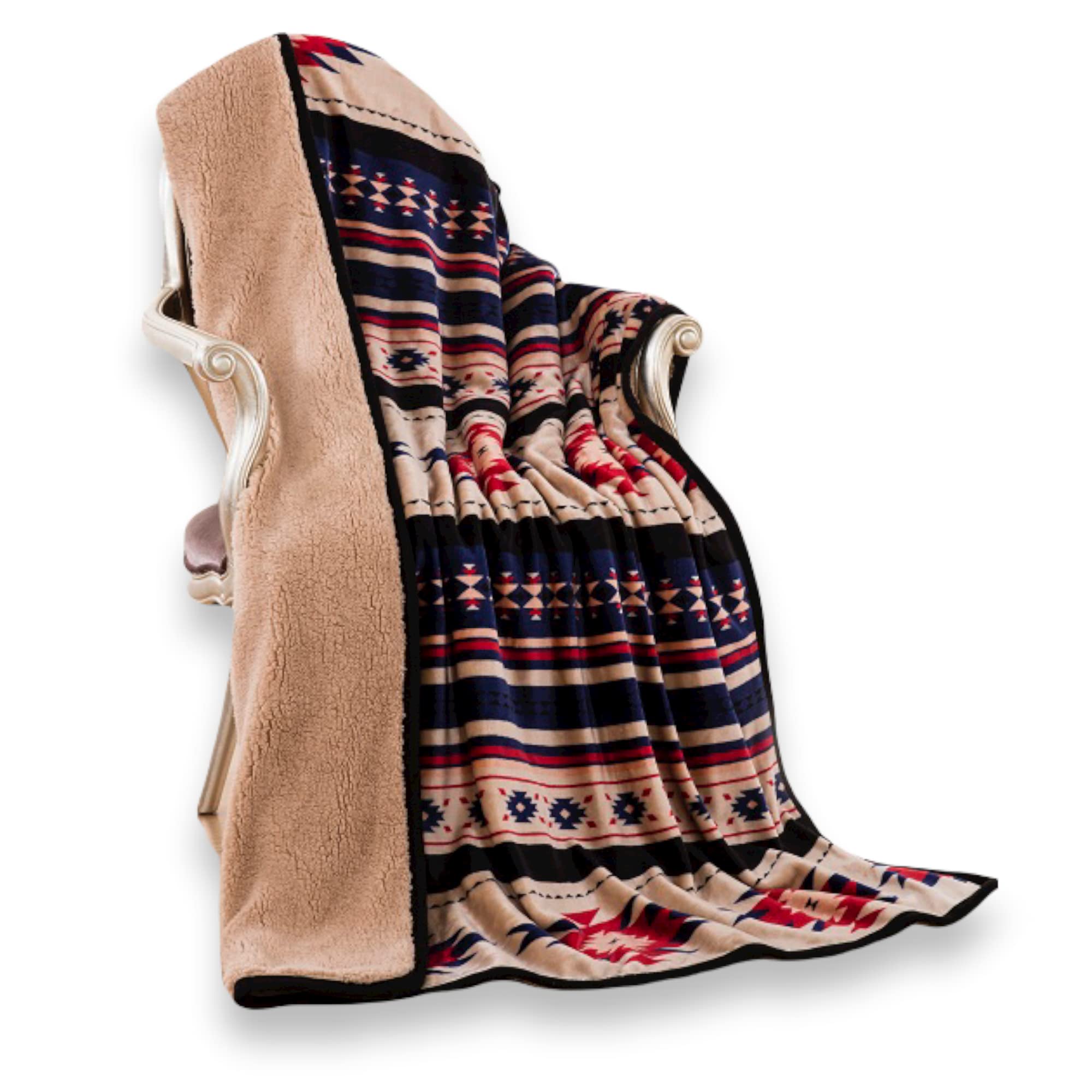 Nu Trendz Signature Southwest Design Sherpa Lined Throw Blanket 50'X 60' (Blue_Beige)