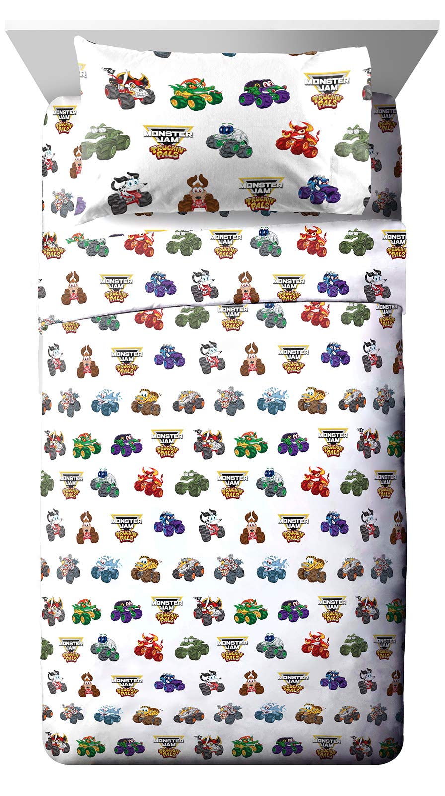 Jay Franco Monster Jam Truckin' Pals Twin Sheet Set - 3 Piece Set Super Soft And Cozy Kids Bedding Features Grave Digger & Megal