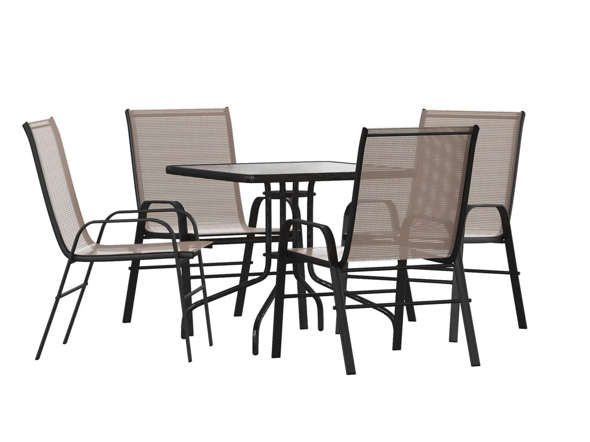 Flash Furniture 2 Flex Comfort Stack Chairs, 23.5&quot; Square Tempered Glass Patio Table, Brown