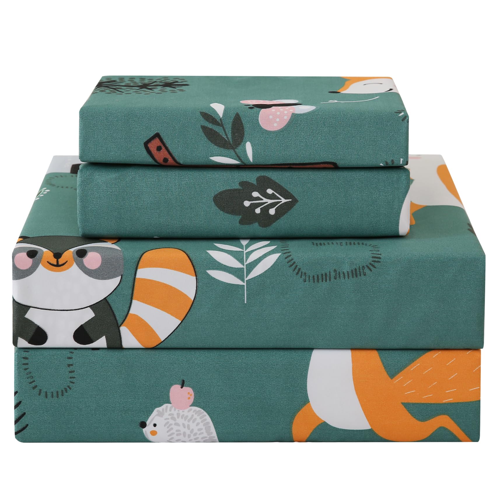 Jsd Green Animal Forest Kids Sheet Set Twin 3 Piece, Cute Printed Microfiber Bed Sheets For Girls Deep Pocket