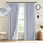 MIULEE Chambray Blue Pinch Pleated 100% Blackout Linen Curtains 90 Inch Length 2 Panels Set, Pleat Curtain with Pin Hooks, Black