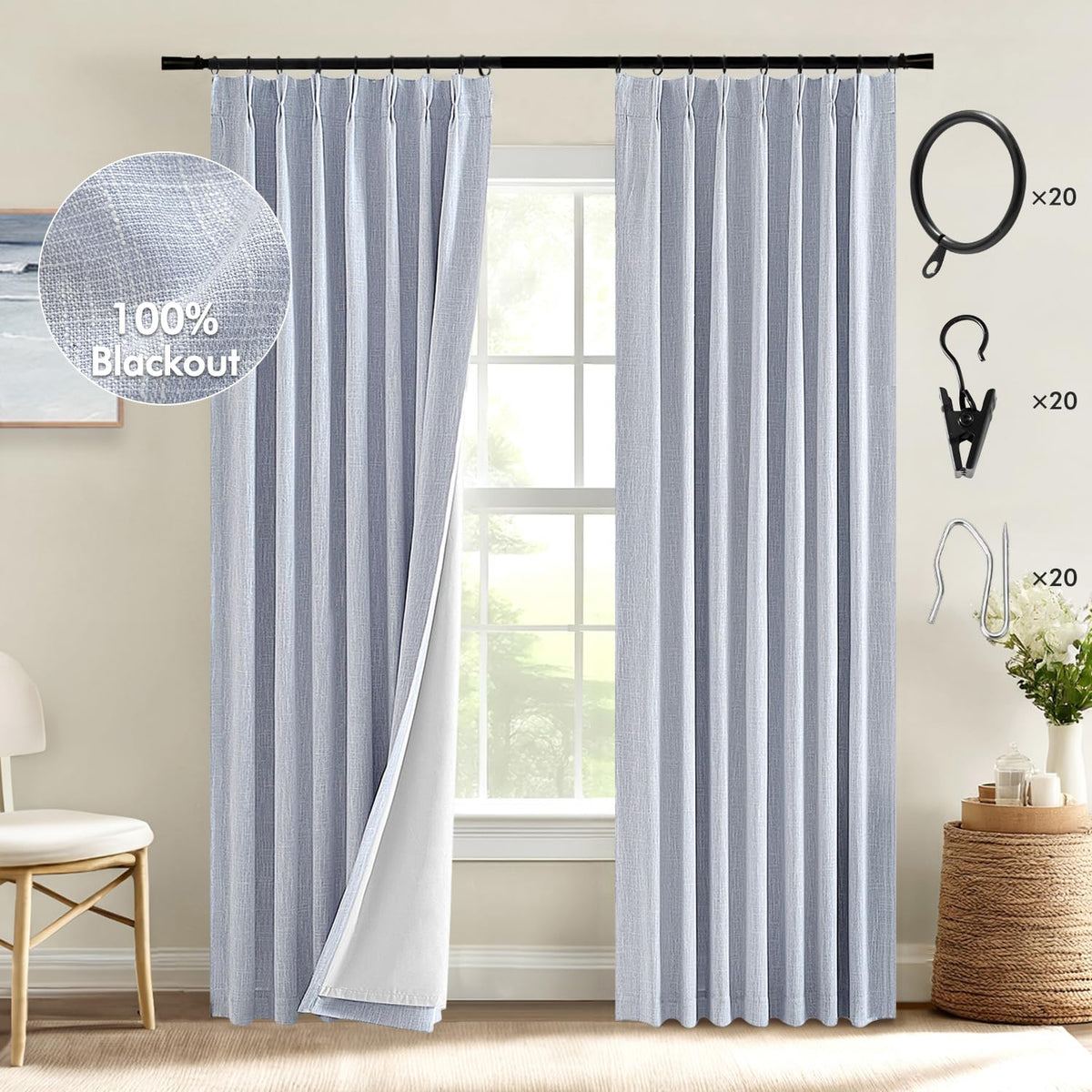Miulee Chambray Blue Pinch Pleated 100% Blackout Linen Curtains 108 Inch Long 2 Panels Set, Pleat Curtain With Pin Hooks, Black