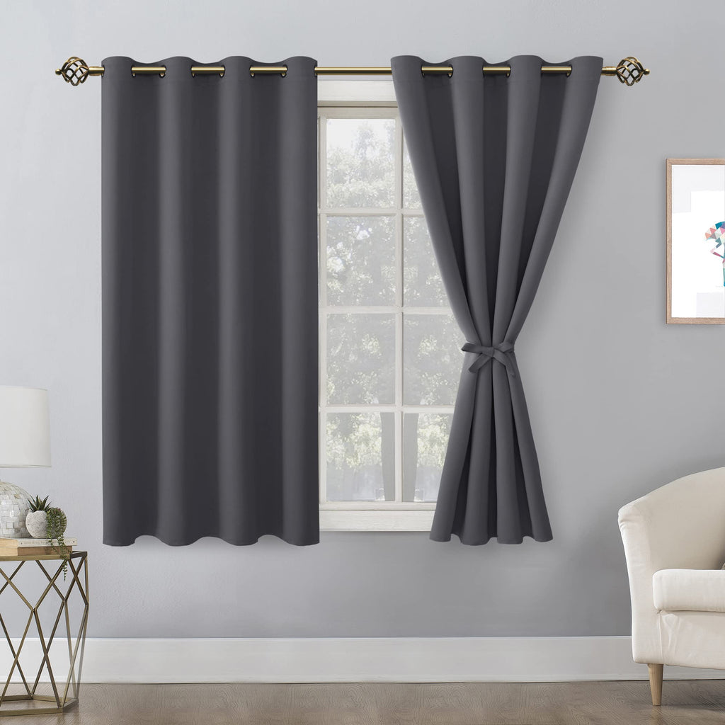 Hiasan Grommet Blackout Curtains For Bedroom, 52 X 54 Inches Long - Thermal Insulated & Light Blocking Window Curtains For Living Room, 2 Drape Panels Sewn With Tiebacks, Dark Grey