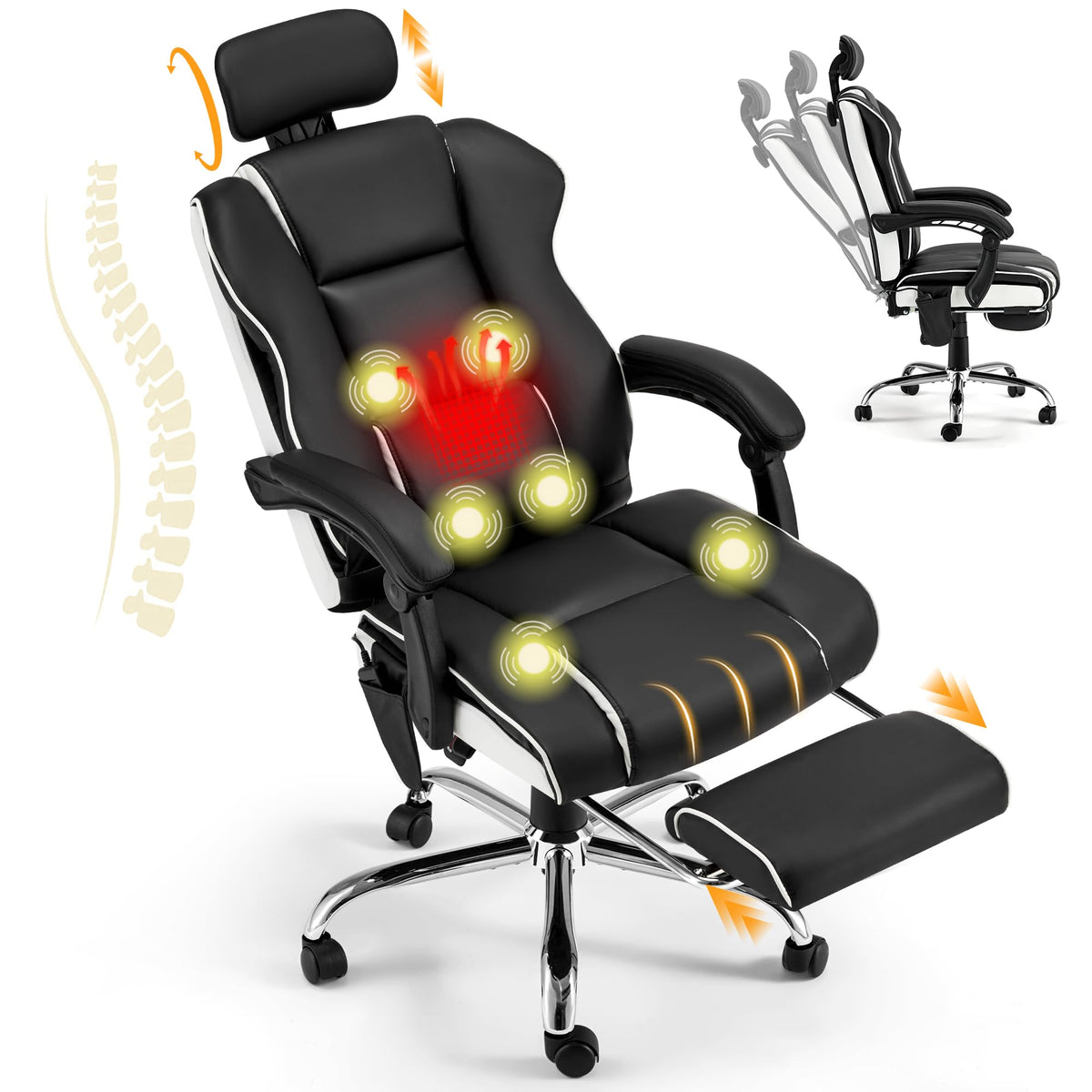 Homrest 6-Point Massage Office Chair With Footrest, Heated Executive Office Chair With Reclining Backrest, Ergonomic Gaming Chai