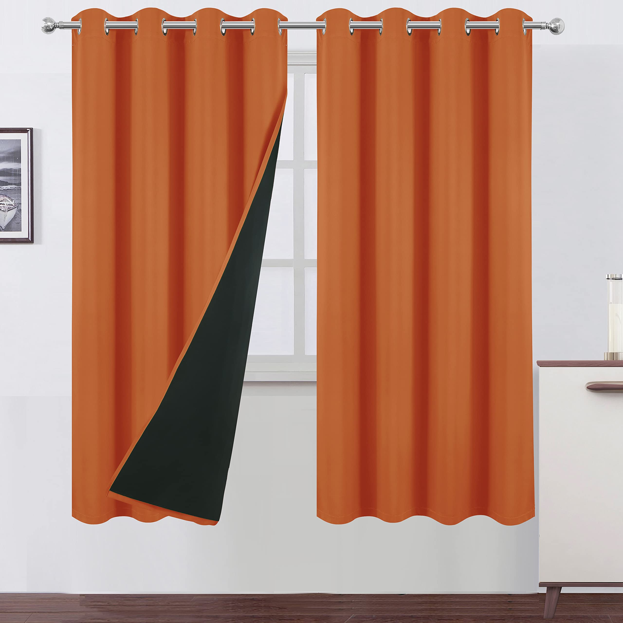 LEMOMO 100% Blackout Curtains 52 x 72 Inch/Orange Curtains 2 Panels with Black Lining Room Darkening Thermal Insulated Bedroom C
