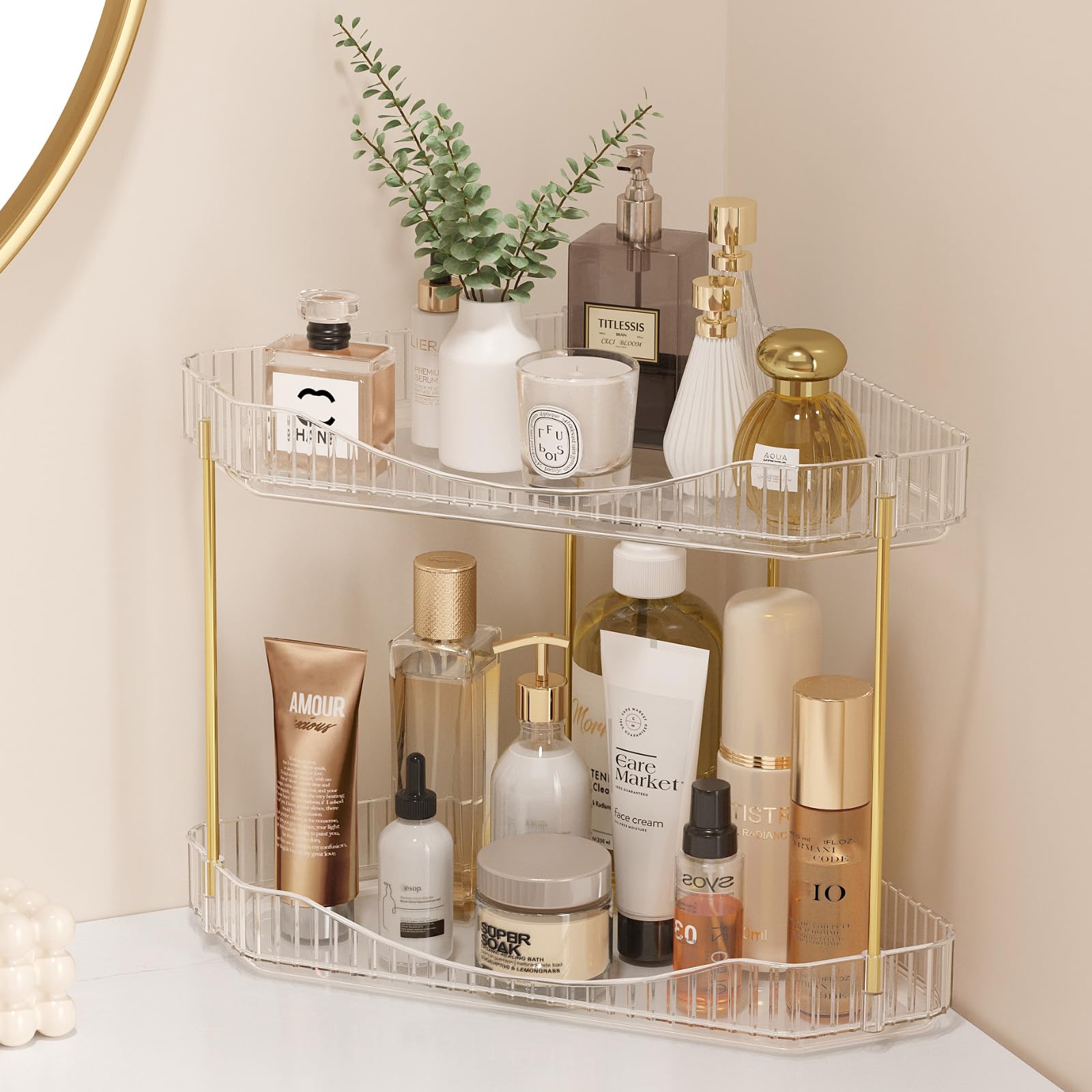 Lifewit 2-Tier Bathroom Counter Organizer Corner, Plastic Makeup Skincare Storage Organizer Countertop, Sink Vanity Trays Perfum