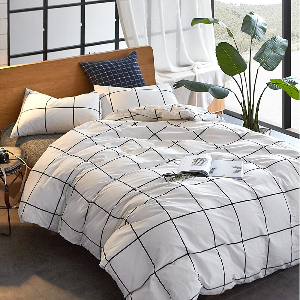 Clothknow White Plaid Comforter Set King 3Pcs White Black Grid Bedding Comforter Sets Checker Comforter King Size White Black Ki