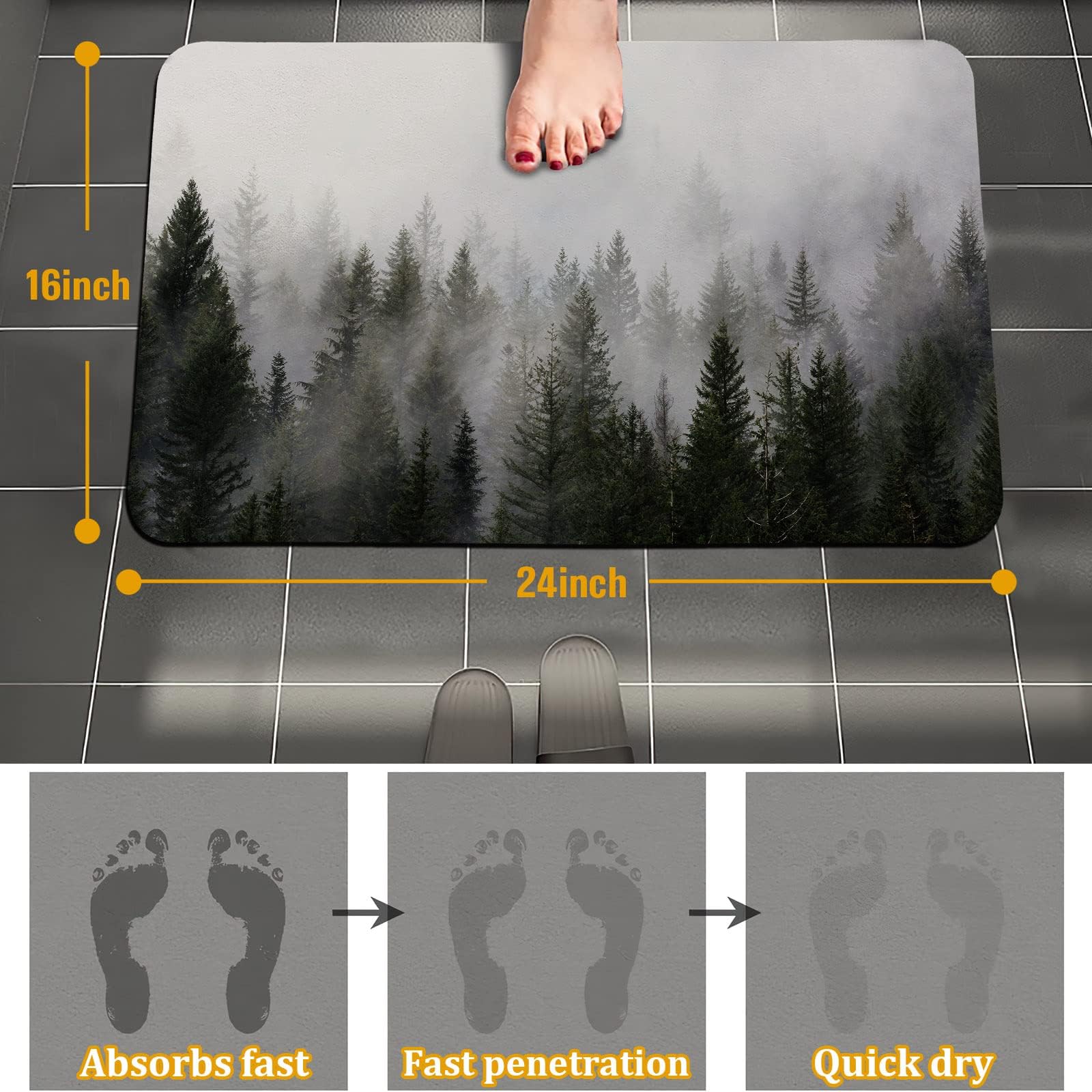 Ortigia Blue Misty Forest Bathroom Rug Quick Dry Super Absorbent Bath Mat Diatomite Mud Floor Mat Doormat Non Slip Rubber Bath F
