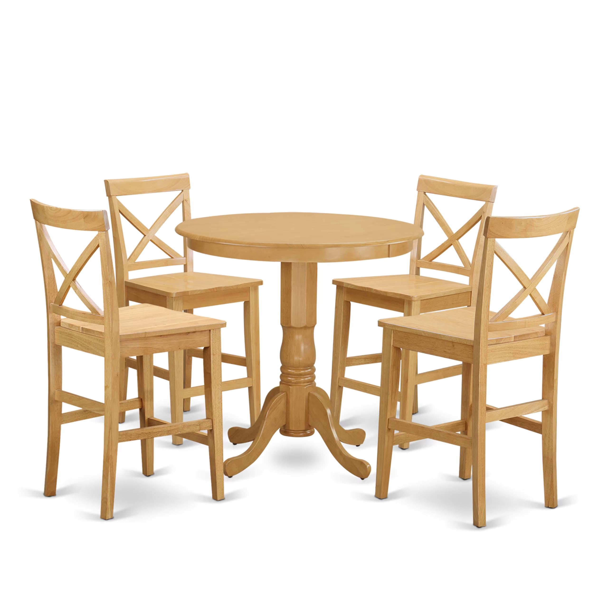 East West Furniture JAPB5-OAK-W 5 Piece Counter Height Dining Table Set Includes a Round Kitchen Table with Pedestal and 4 Dining Chairs, 36x36 Inch, Oak