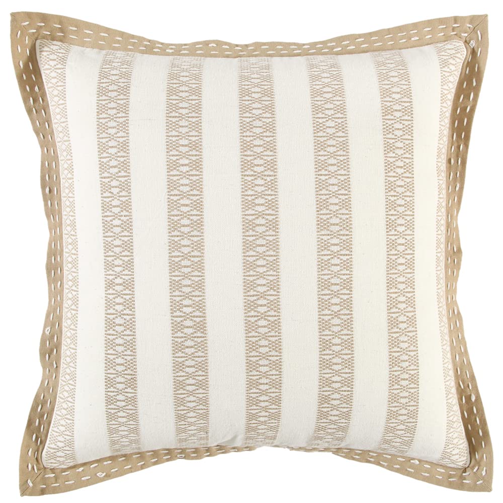 Rizzy Home Stripe 18&quot; x 18&quot; Down Pillow with Textured Cotton Cover-Khaki/Ivory