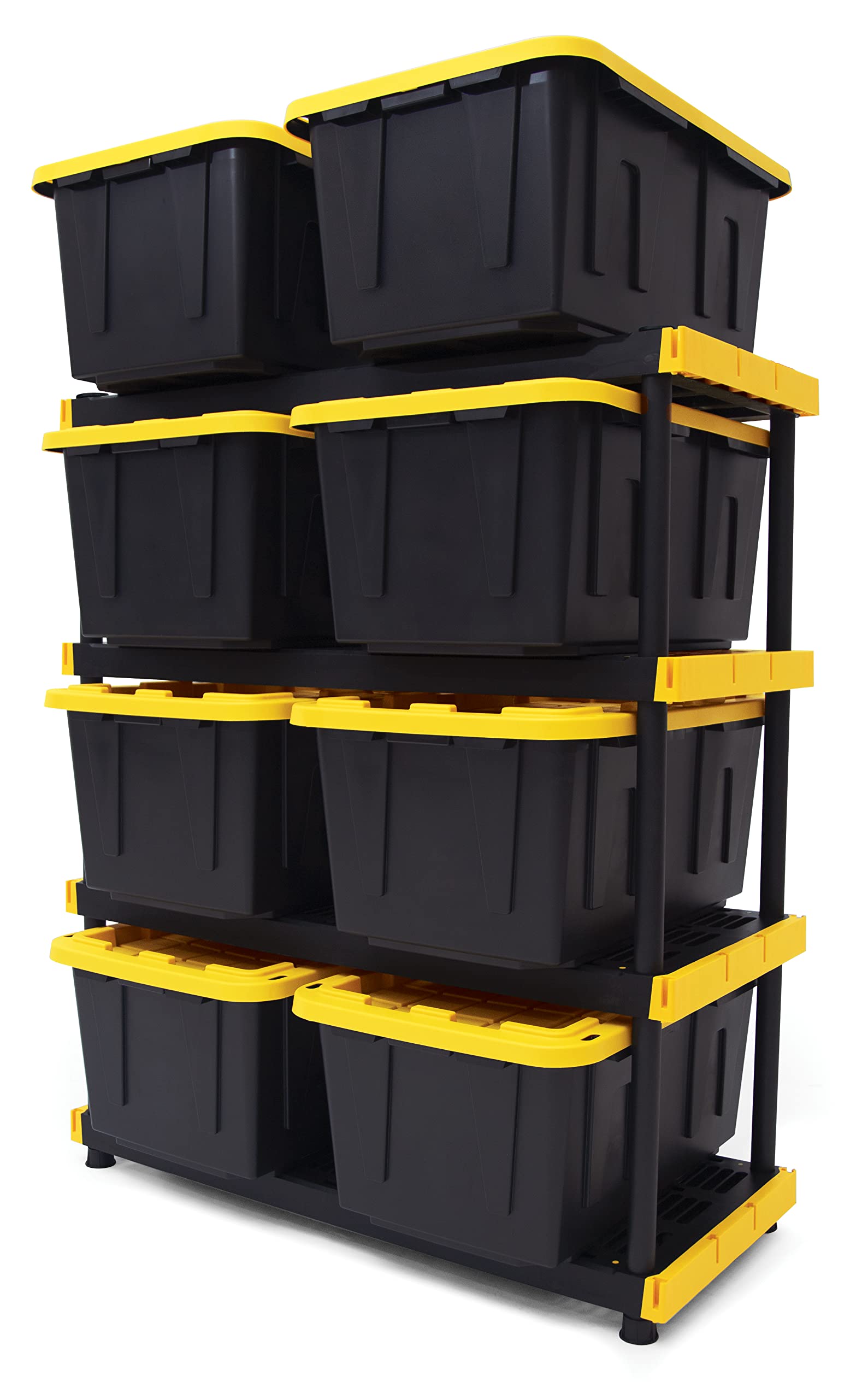 CX Black & Yellow, Shelving Unit and Heavy Duty Storage Containers, Extremely Durable (Shelf + 27 Gallon Container (4-Pack))