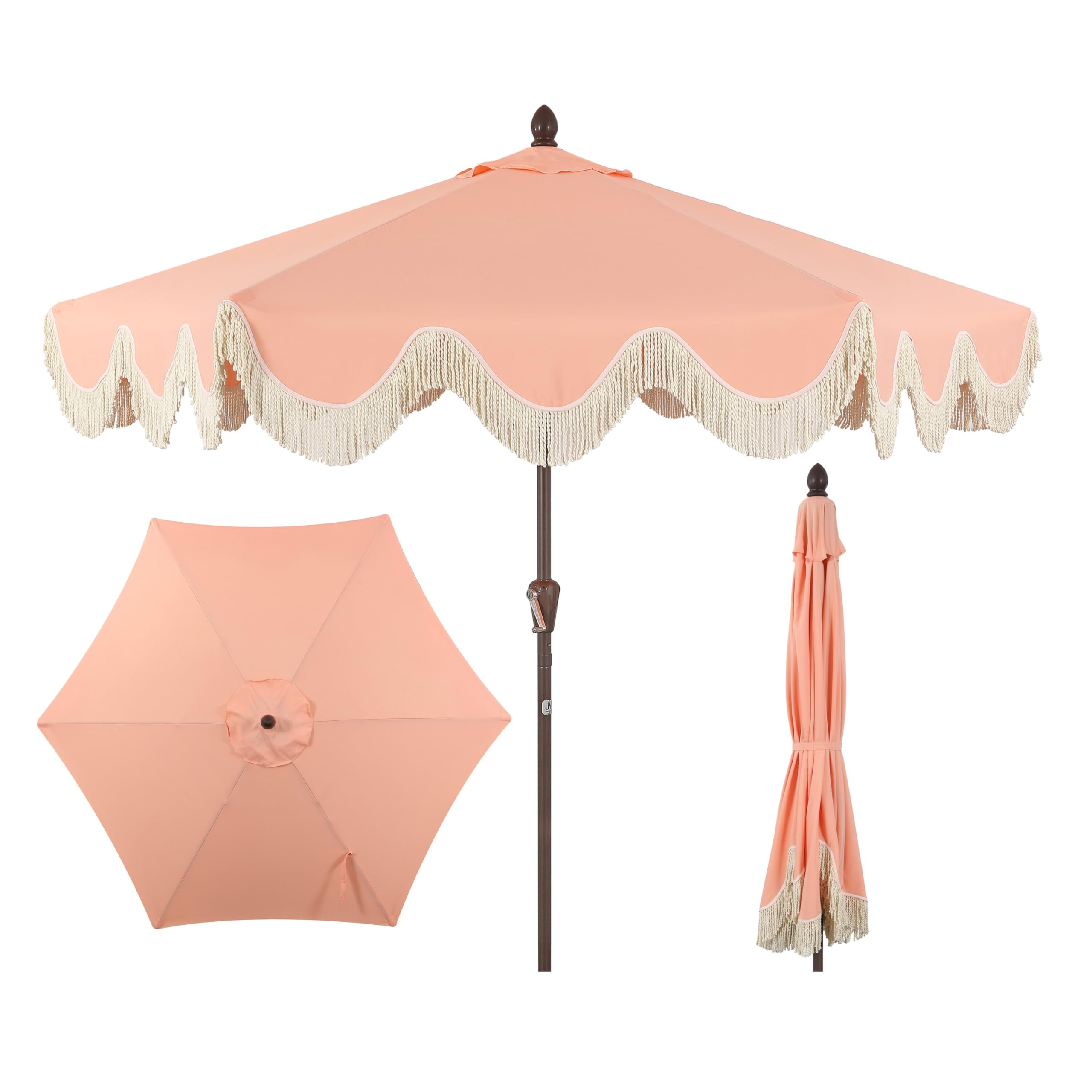 JONATHAN Y UMB1001F Collins 9 ft. Classic Cottage Tassel Market Patio Umbrella with Auto-Tilt, Crank, Wind Vent and UV Protectio