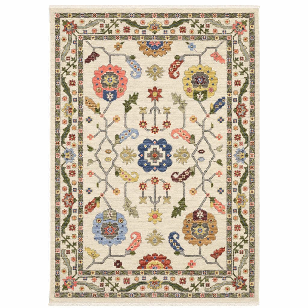 HomeRoots 509315 8 x 11 ft. Ivory Green Blues Pink Yellow Rust Brown Tan & Gray Oriental Power Loom Stain Resistant Rectangle Area Rug with Fringe