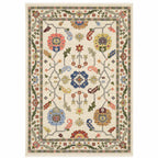 HomeRoots 509314 6 x 9 ft. Ivory Green Blues Pink Yellow Rust Brown Tan & Gray Oriental Power Loom Stain Resistant Rectangle Area Rug with Fringe