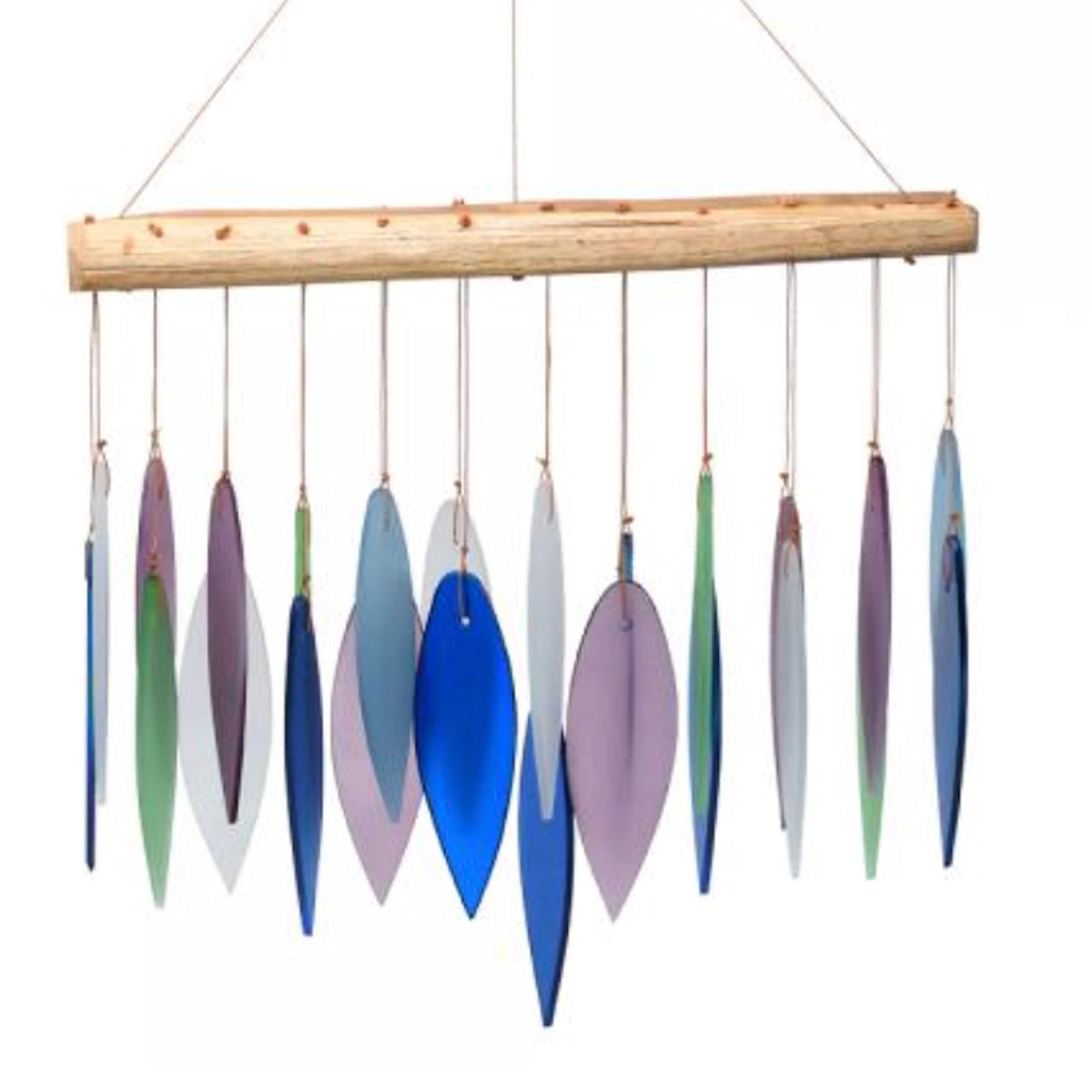 Blue Handworks Mountain Ridge Glass Chime, Sandblasted Glass And Found Wood Handcrafted Wind Chime