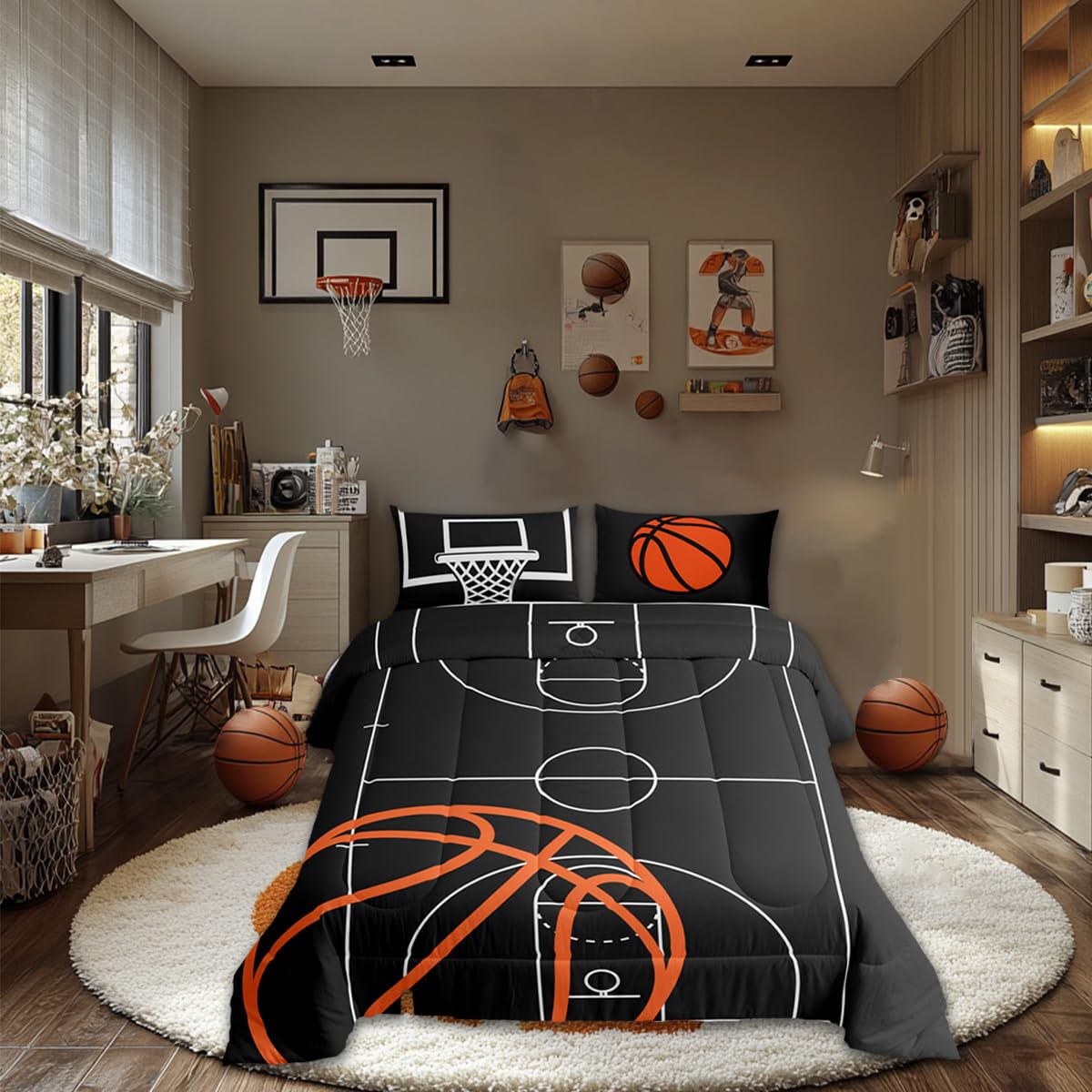 Castle Fairy Basketball Court Print Bedding Set For Boys Girls,Ball Sports Games Themed All Season Cozy Comforter Set Full Size,
