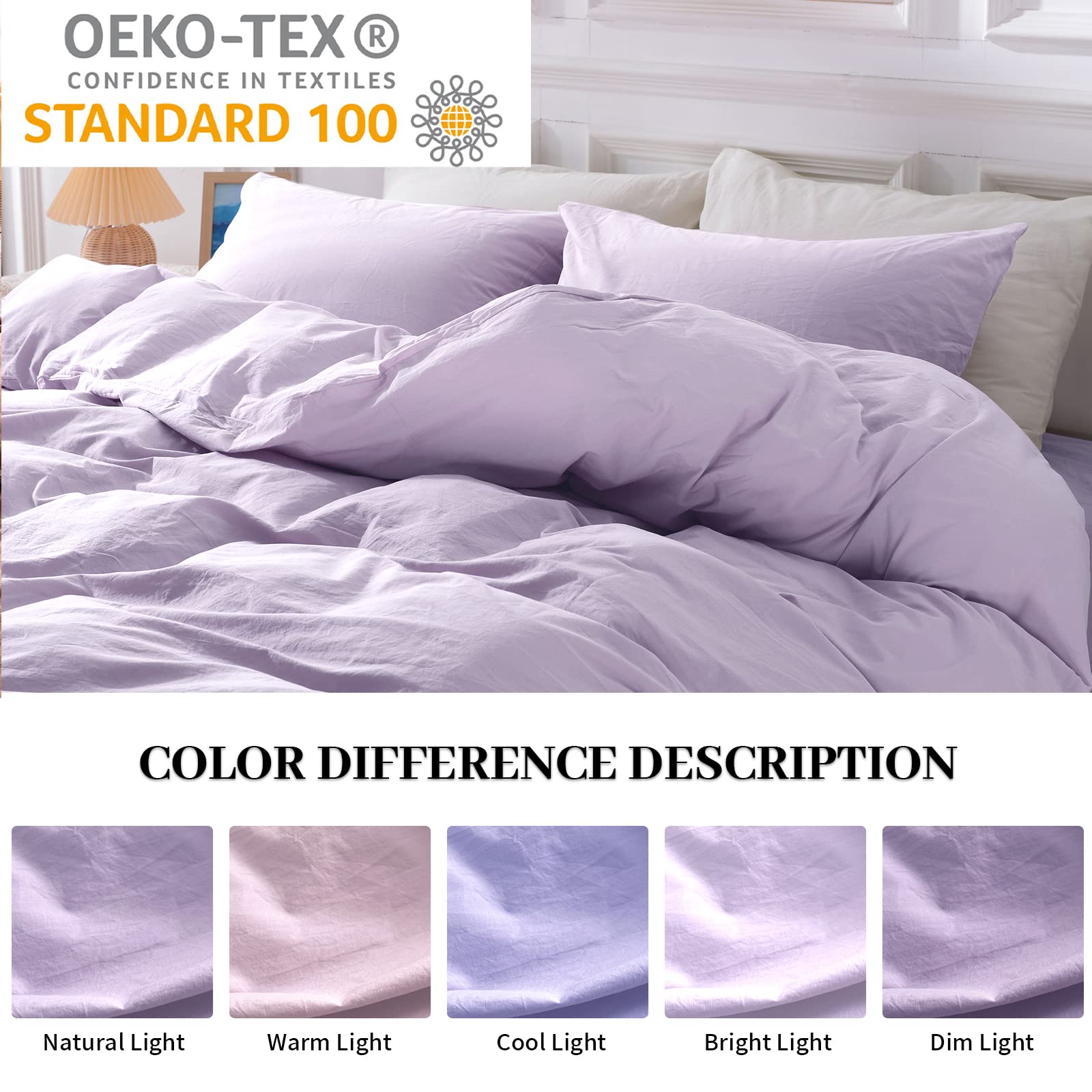 Nexhome Pro Duvet Cover Set 100% Washed Cotton Oversized King 120'X98' Linen Feel Textured Organic Natural 3 Pieces Bedding Set Lavender Lilac Purple With Zipper Closure, Breathable(No Comforter)