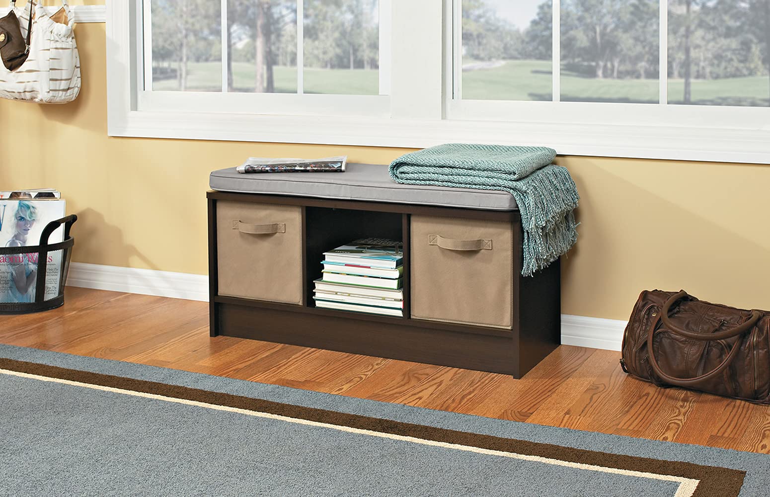 Closetmaid 1632 Cubeicals 3-Cube Storage Bench, Espresso With Gray Cushion