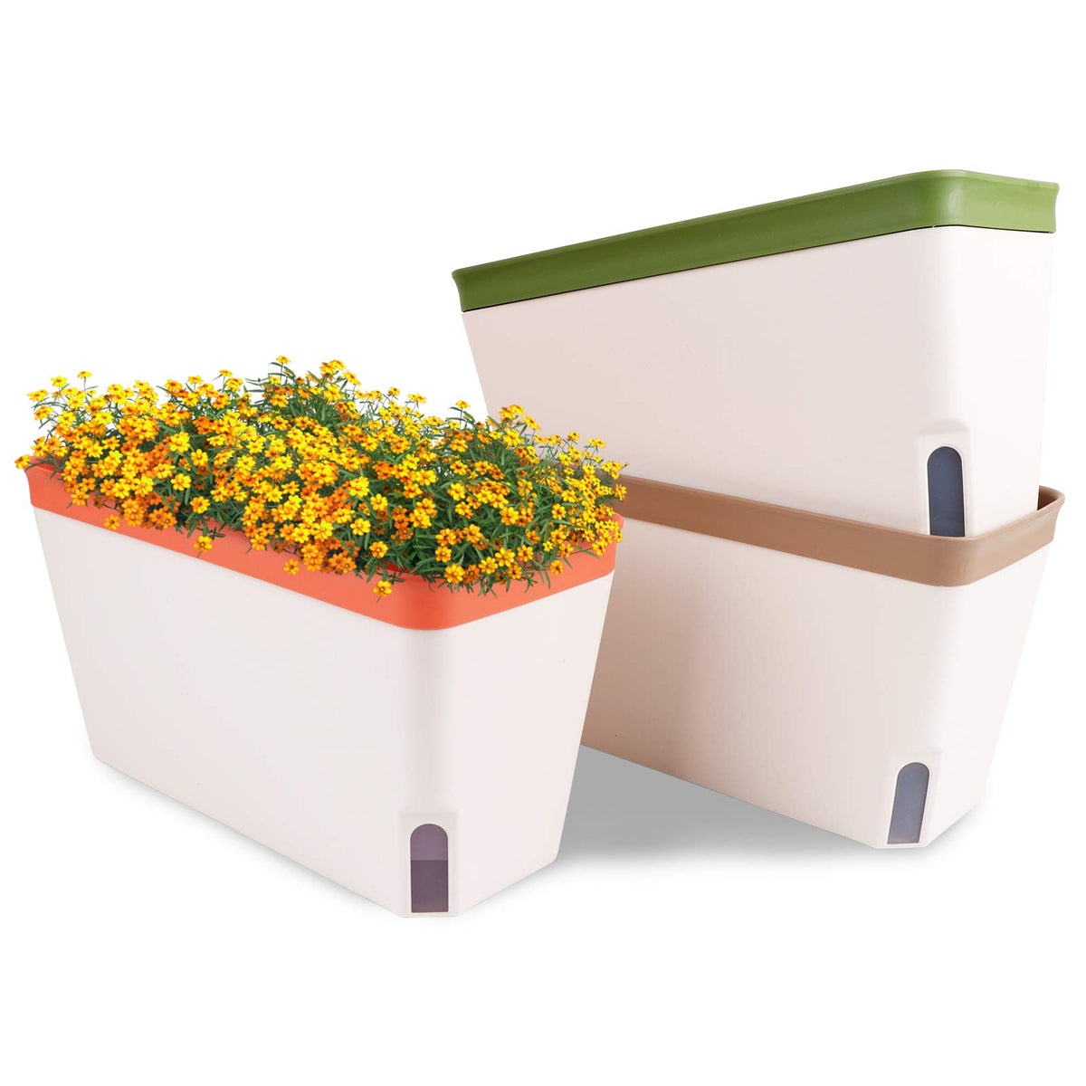 Ourwarm Windowsill Herb Planter Box, Set Of 3, Self Watering Plant Pots, 10.5 Inch Rectangular Planter Pots, Decorative Garden F