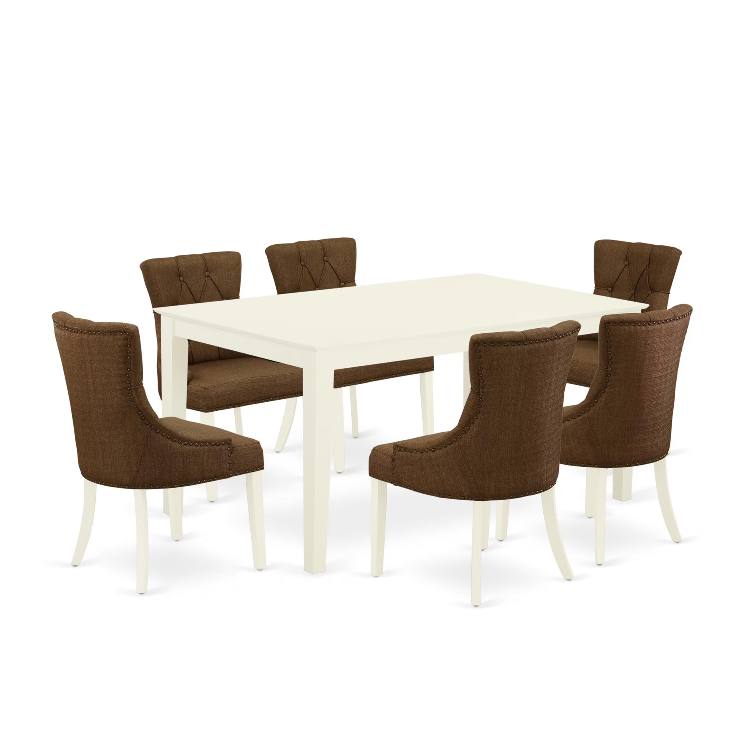 East West Furniture Cafr7-Lwh-18 7 Piece Modern Dining Table Set Consist Of A Rectangle Wooden Table And 6 Brown Linen Linen Fabric Upholstered Chairs, 36X60 Inch, Linen White