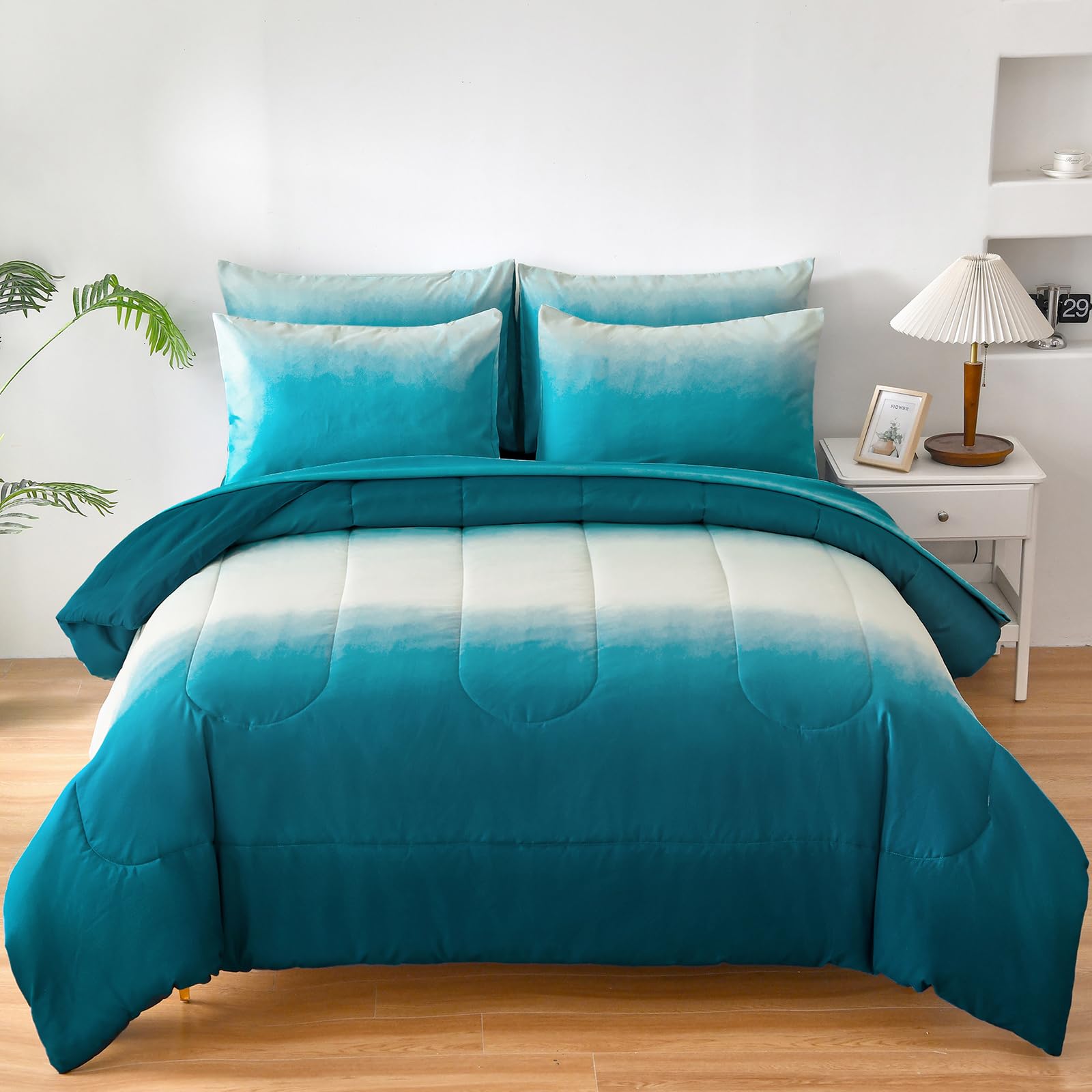 Anibedding Teal Comforter Set Queen 7 Pieces Gradient Teal Bed In A Bag Queen Size Set, All Season Down Alternative Complete Bed