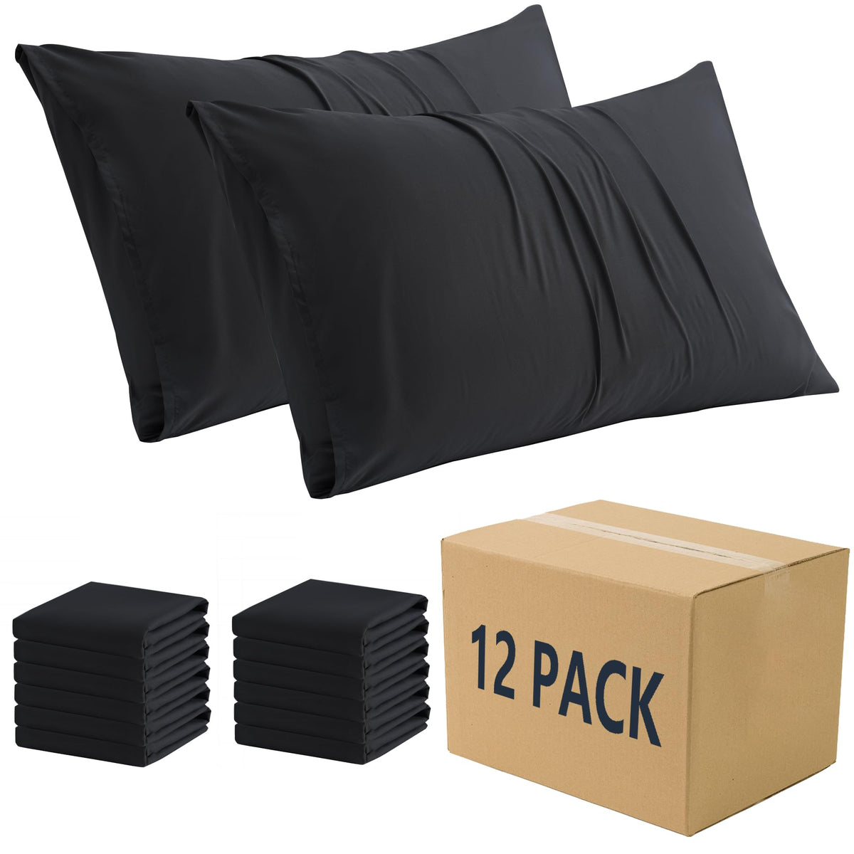 Zpecc Pillow Cases Standard Size 12 Pack - Bulk Black Pillowcases With Envelope Closure, Pillow Covers For Home, Camping, Travel