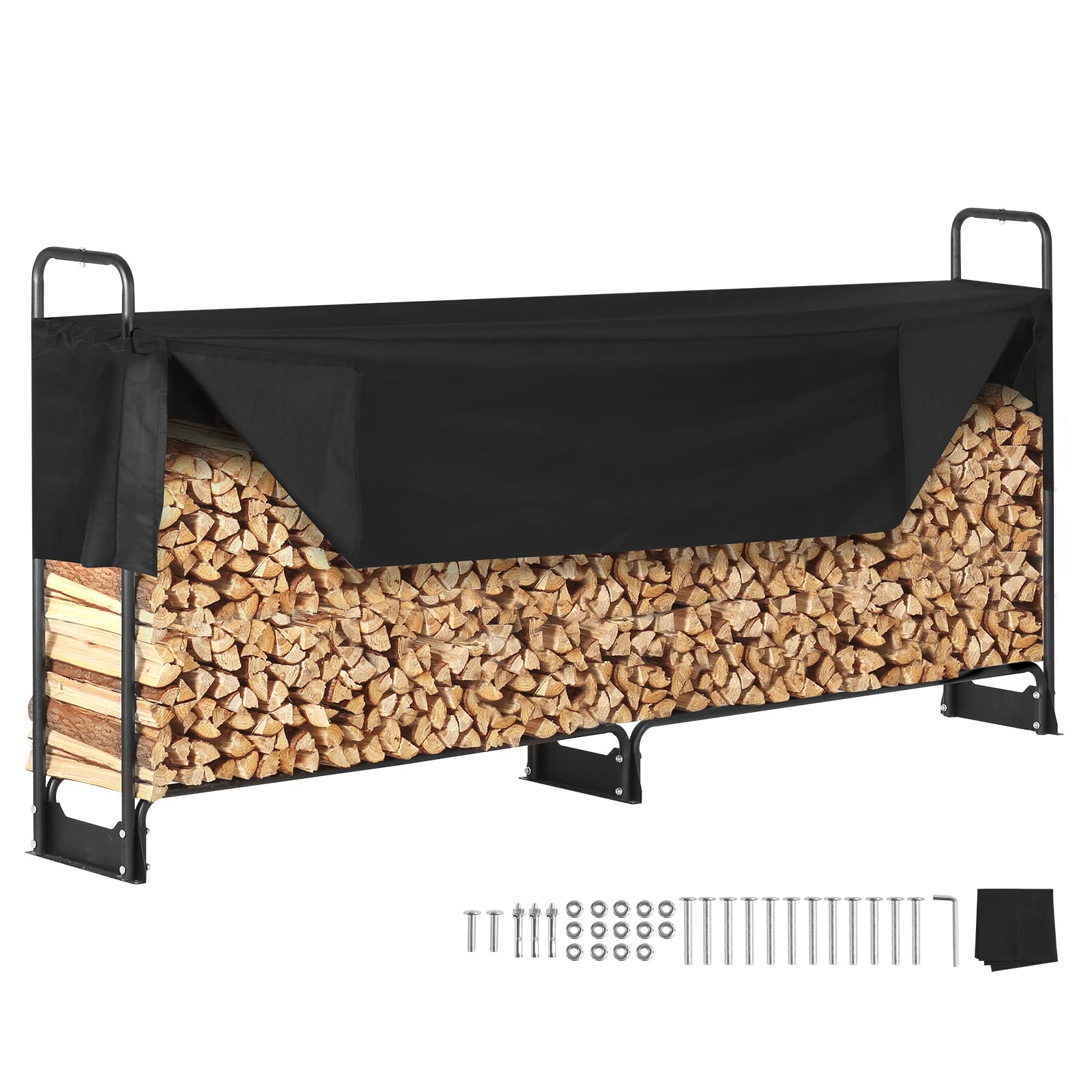 Vevor 8.5Ft Outdoor Firewood Rack With Cover, 102X14.2X46.1 In, Heavy Duty Firewood Holder & 600D Oxford Waterproof Cover For Fi