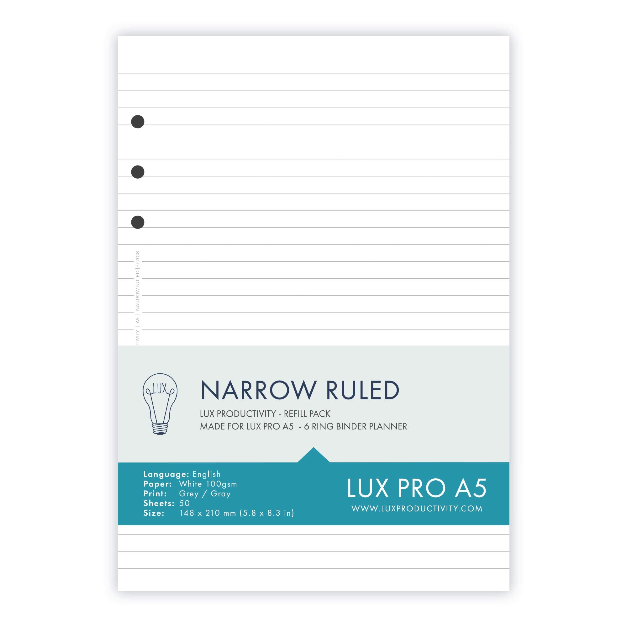 Lux Pro A5: Narrow Ruled - Lux Productivity Refill Pack - Planner Page Inserts - Compatible With The Lux Pro A5 6-Ring Binder Or