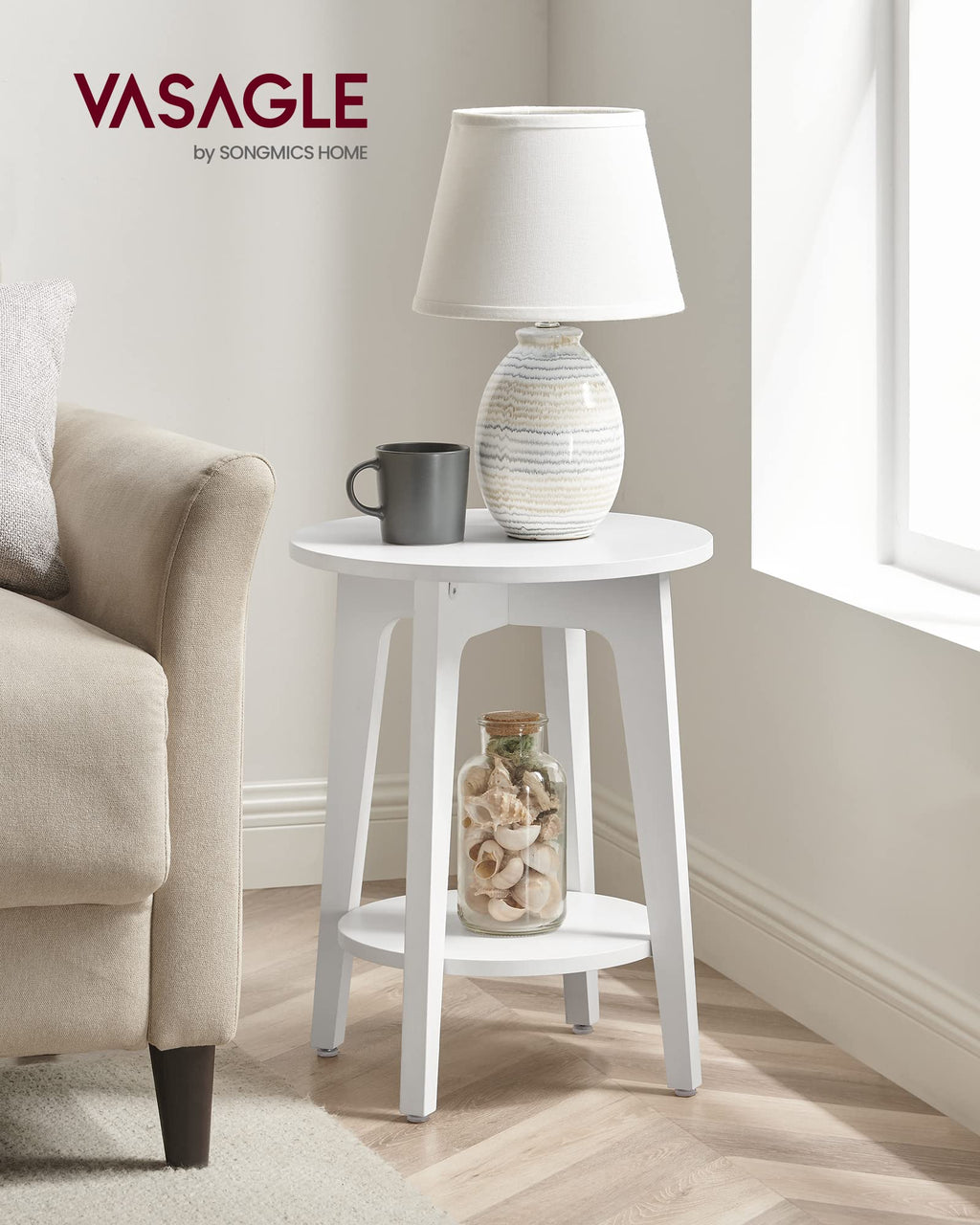 Vasagle Side Table, Small Round End Table With Lower Shelf, Nightstand For Small Spaces, Living Room, Bedroom, White Ulet283T14