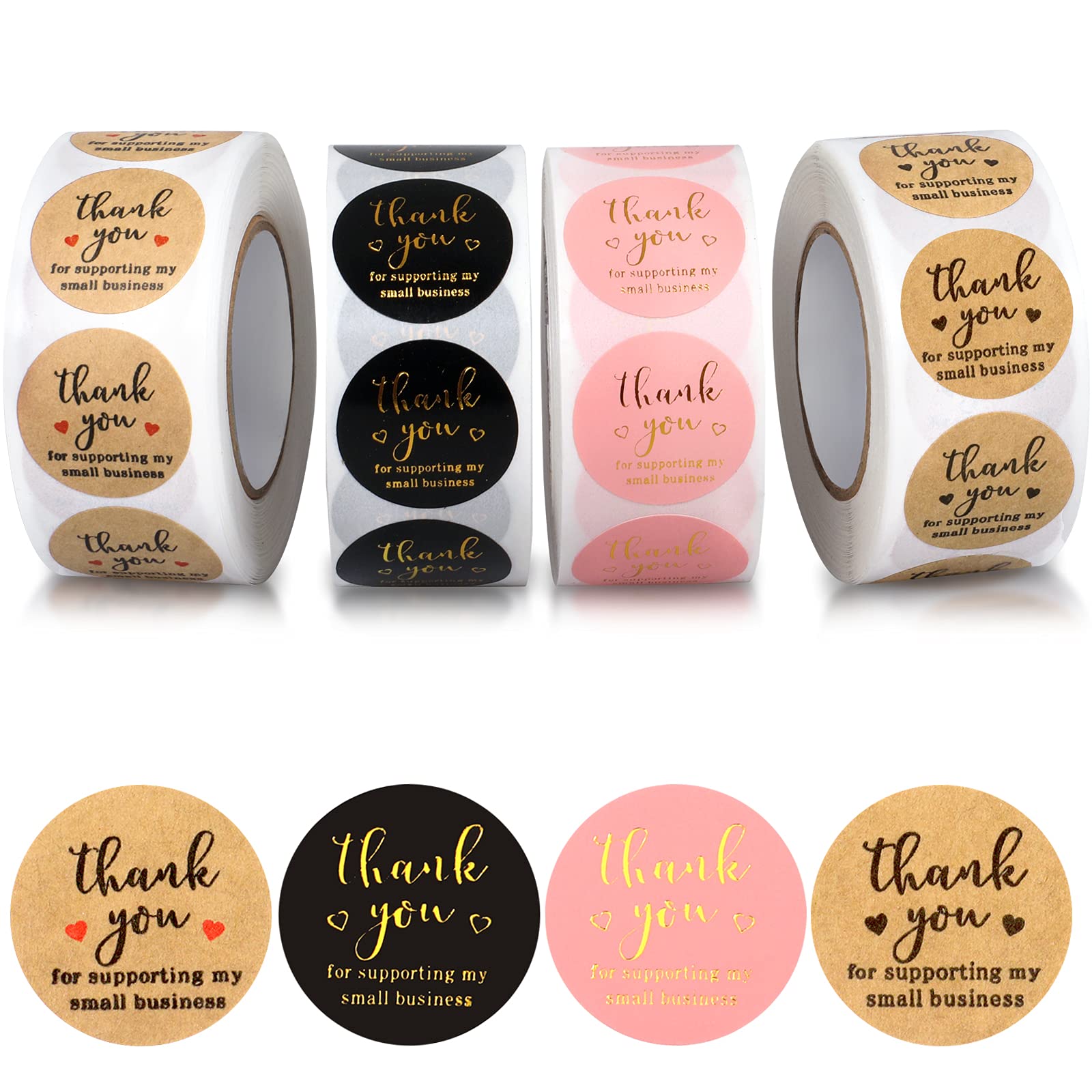 Thank You Round Stickers For Supporting My Small Business Adhesive Labels, 3-Color, 1Inch (2000Pcs, 4 Rolls, Each Roll 500Pcs)