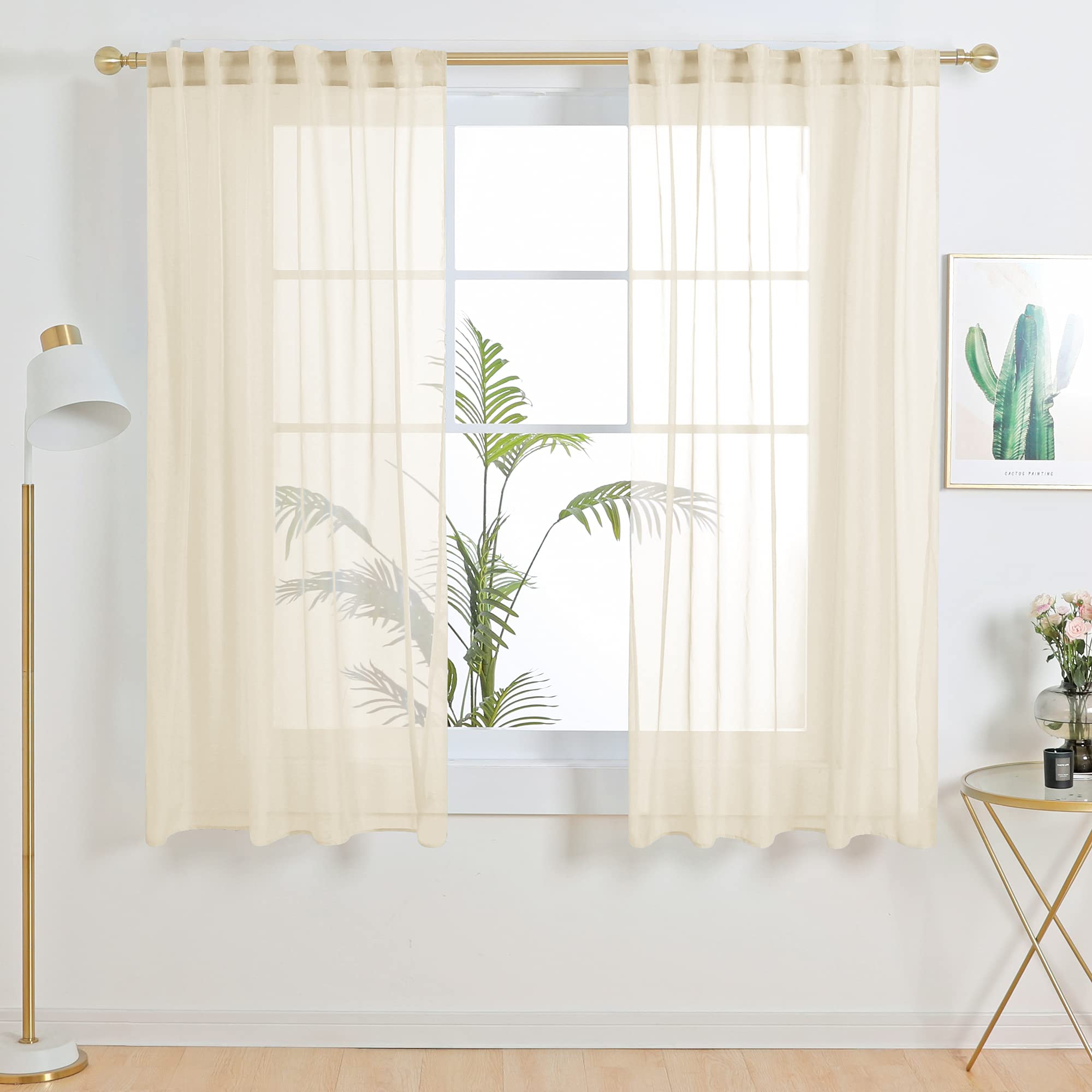 Deconovo Back Tab And Rod Pocket Sheer Curtains - 45 Inch Length, Beige Sheer Drapes, Light Filtering Sheer Window Panels For Sm