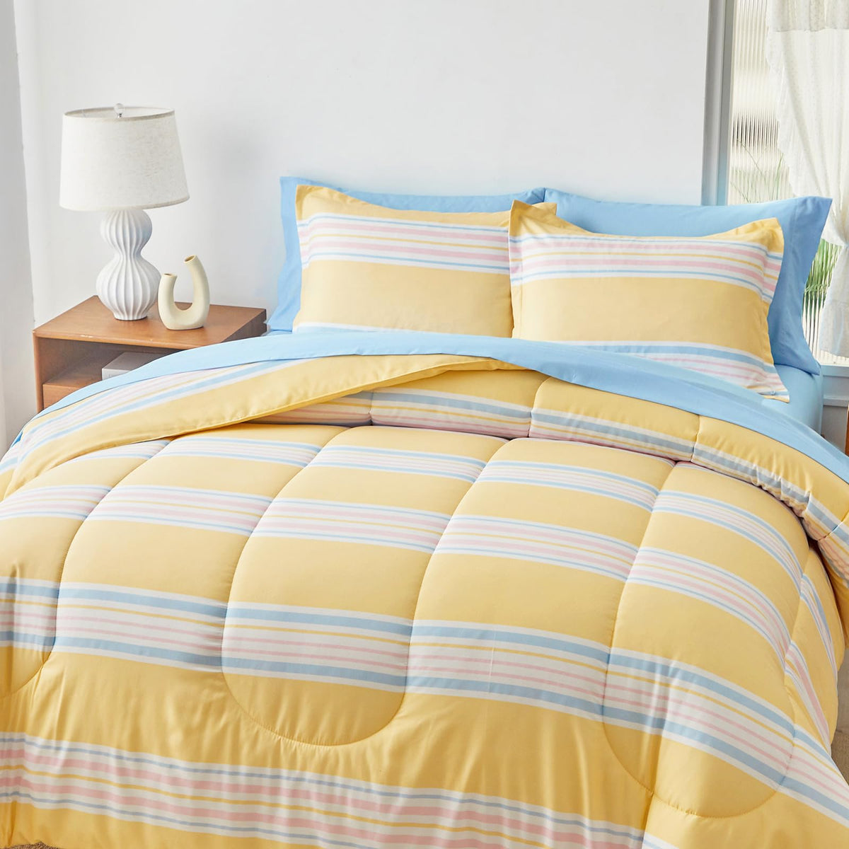 Flysheep Boho Striped Bed in a Bag 7 Pieces Queen Size, Ombre Blue and Pink Stripes on Yellow Comforter Sheet Set (1 Comforter, 