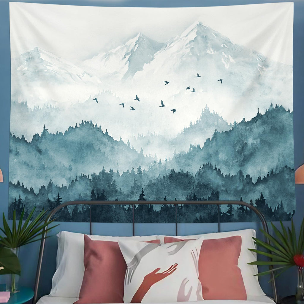Kampdream Mountain Forest Tapestry, Misty Foggy Teal Blue Tree Landscape Watercolor Art Wall Tapestries, Nature Scenery Tapestry