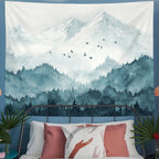 Kampdream Mountain Forest Tapestry, Misty Foggy Teal Blue Tree Landscape Watercolor Art Wall Tapestries, Nature Scenery Tapestry