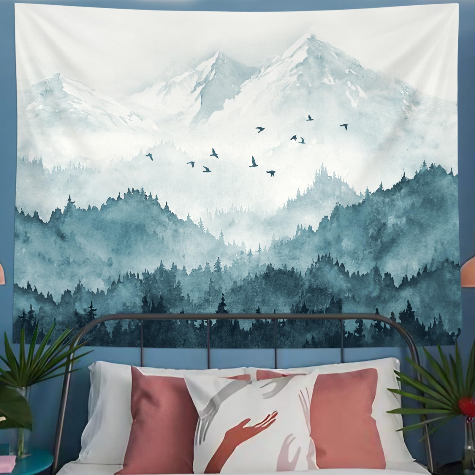 Kampdream Mountain Forest Tapestry, Misty Foggy Teal Blue Tree Landscape Watercolor Art Wall Tapestries, Nature Scenery Tapestry
