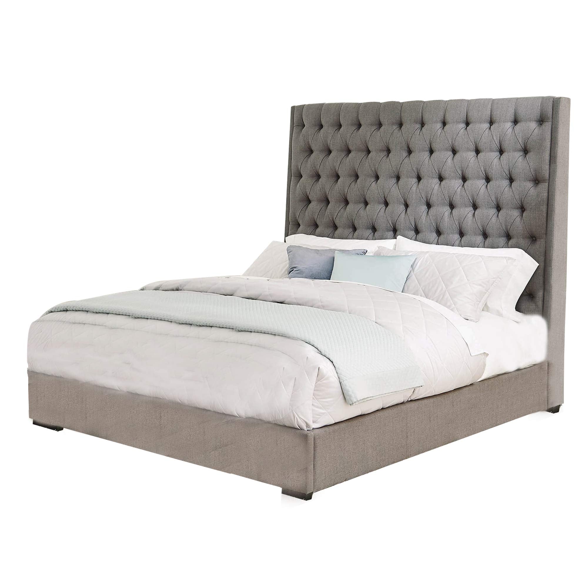 Benjara Wooden Eastern King Size Bed With Diamond Button Tufted Details, Gray