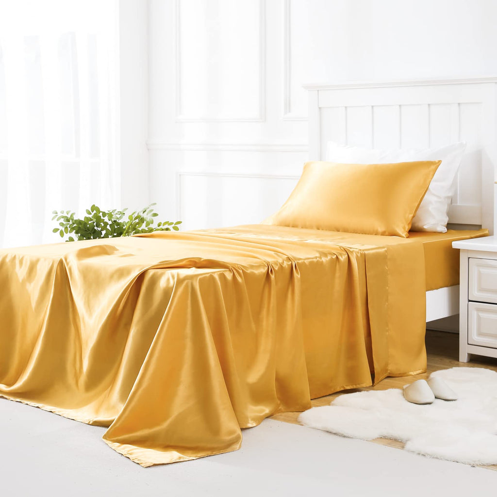 Golal Satin Sheets Twin Size - 3 Pieces Luxury Silky Soft Bed Sheets For Kids, Wrinkle-Free Gold Satin Silk Sheet Set With 1 Dee
