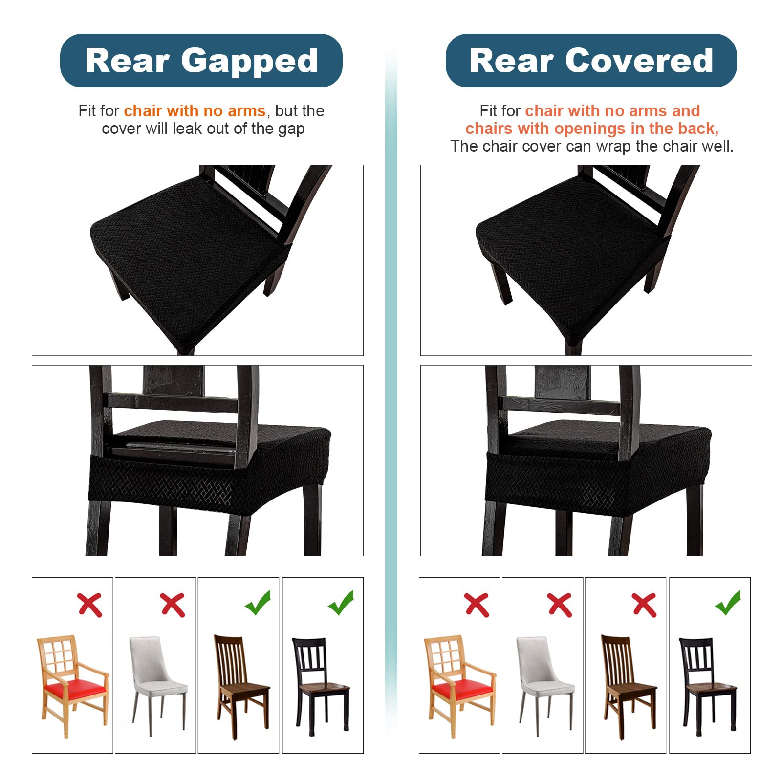 Genina Waterproof Seat Covers For Dining Room Chair Covers Waterproof Dining Chair Covers (6 Pcs-Rear-Gapped, Black)