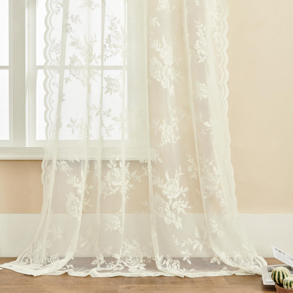 Seekright Ivory Lace Curtains 80 Inches Long 2 Panels Victorian Floral Sheer Curtains For Bedroom Living Room Rod Pocket Light F