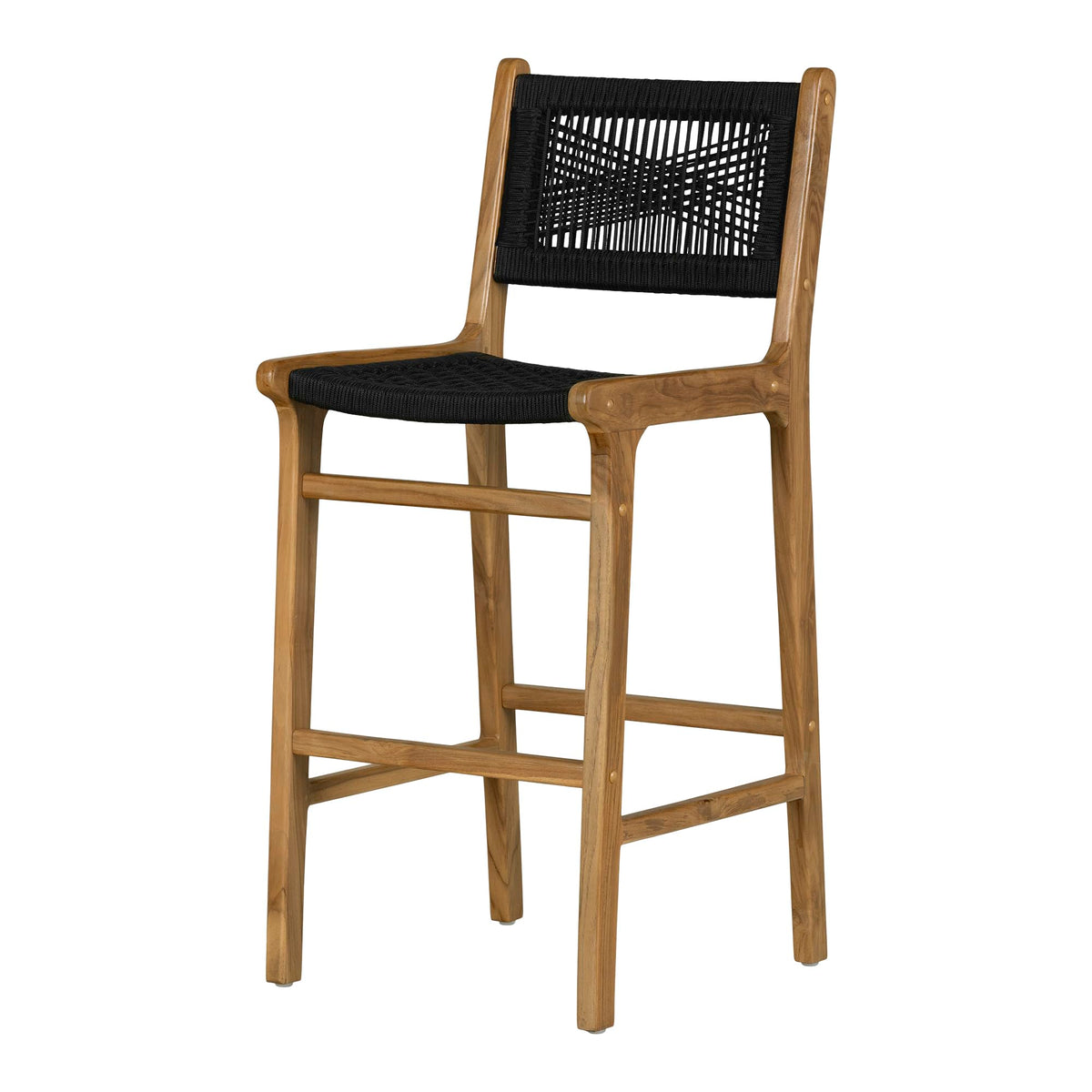 South Shore Balka Teak Wood And Woven Rope Bar Stool, Black And Natural