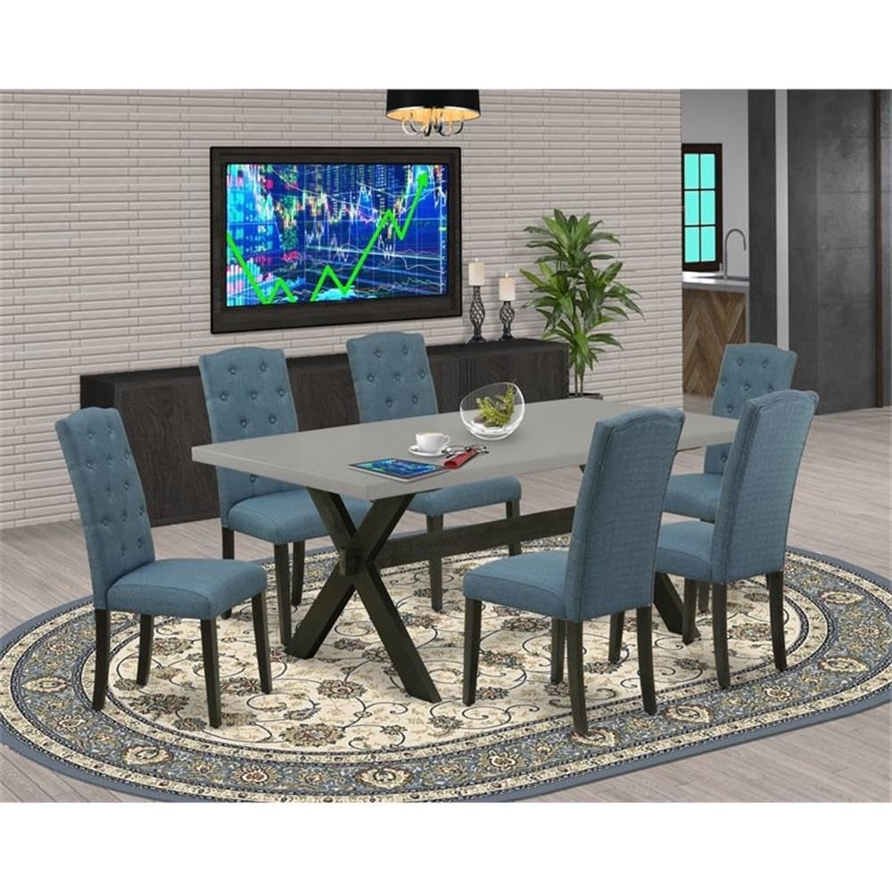 East West Furniture X697Ce121-7 7 Piece Kitchen Table Set Consist Of A Rectangle Dining Table With X-Legs And 6 Mineral Blue Linen Fabric Parson Dining Chairs, 40X72 Inch, Multi-Color