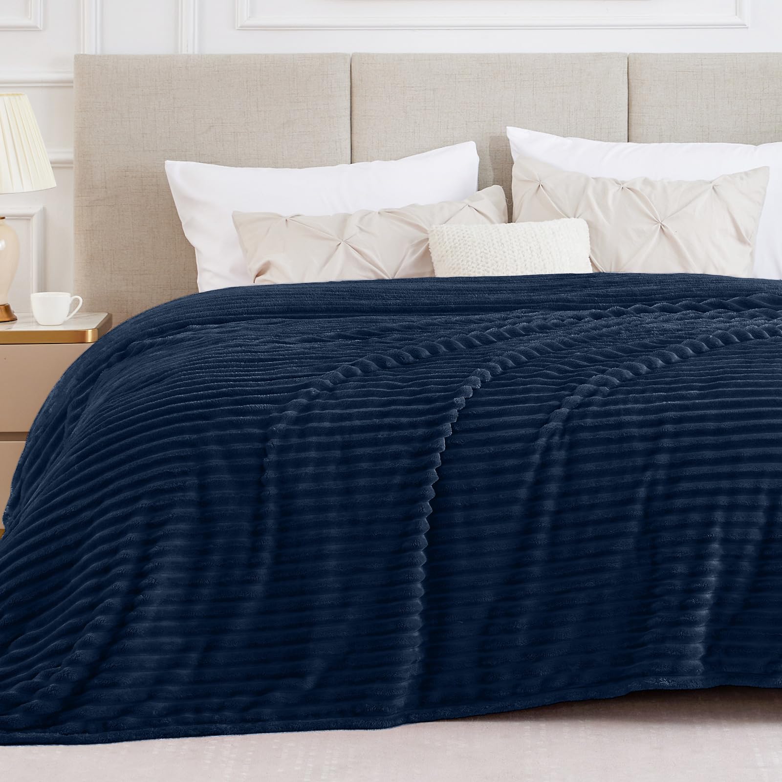 Bedelite Full Size Throw Blanket For Bed - 300Gsm Soft & Warm Fluffy Navy Blanket, Decorative And Giftable Striped Blankets For