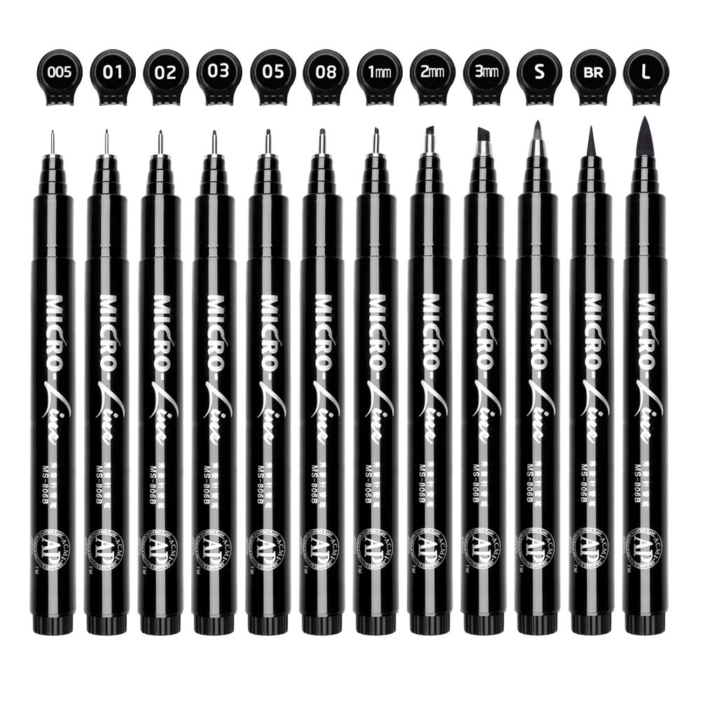 Set Of 12 Black Micro-Pen Fineliner Ink Pens - Waterproof Archival Ink Fine Point Micro Pen For Multiliner, Sketching, Brush Let