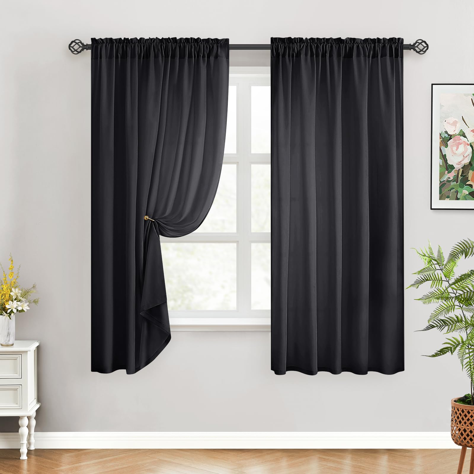 Homeideas Non-See-Through Black Privacy Sheer Curtains 52 X 54 Inches Long 2 Panels Sheer Curtains Light Filtering Window Curtains Drapes For Bedroom Living Room