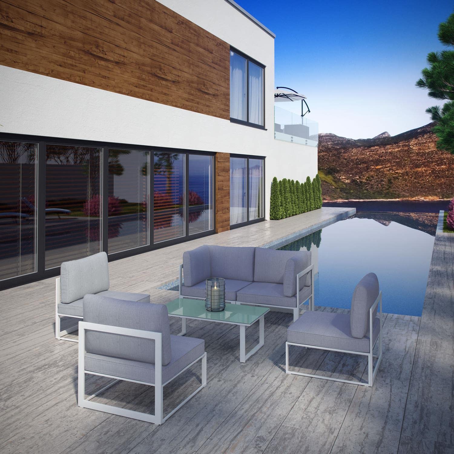 Modway Fortuna Aluminum 6-Piece Outdoor Patio Sectional Sofa Furniture Set With Cushions In White Gray