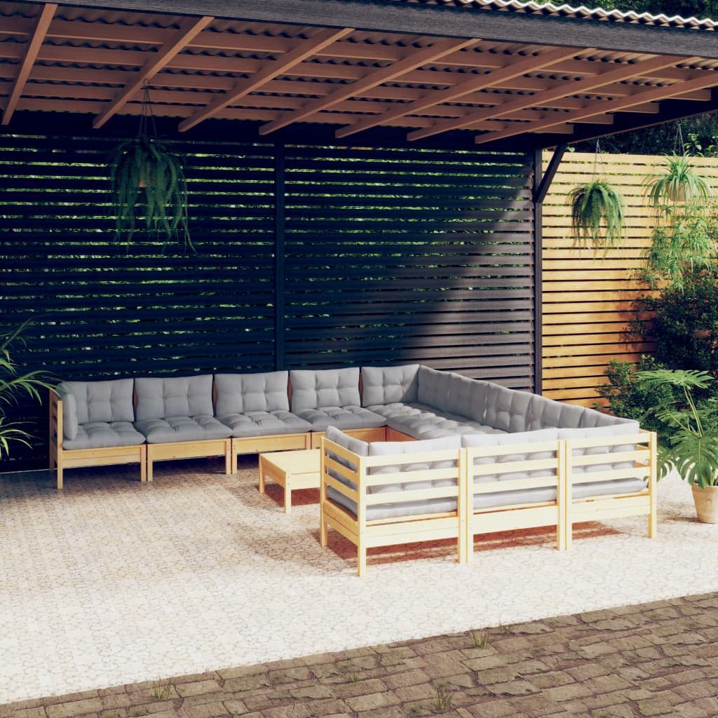 vidaXL Patio Lounge Set - 12 Piece Outdoor Furniture with Comfortable Gray Cushions, Custom Configurations, Solid Pinewood Construction - for Yard, Garden, Veranda