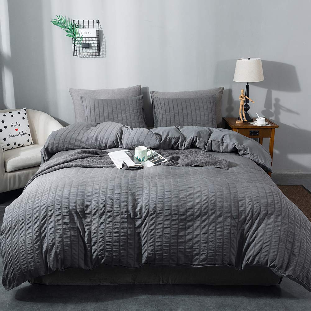 Avelom Seersucker Duvet Cover Set King Size (104 X 90 Inches), 3 Pieces (1 Duvet Cover + 2 Pillow Cases), Dark Gray Ultra Soft W