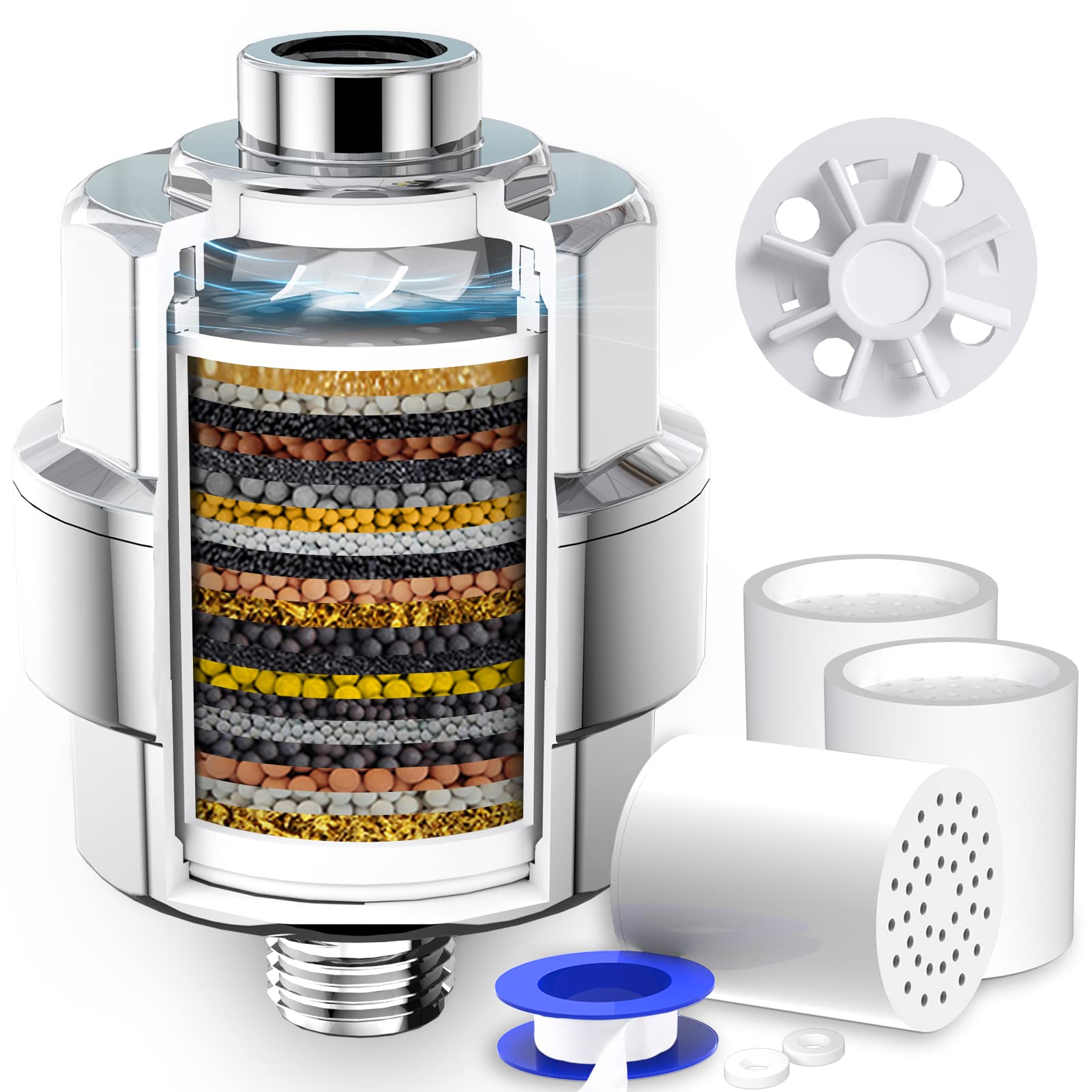 20-Stage Shower Head Filter-Shower Head Filter for Hard Water, with 3 Replaceable Filter Cartridges, High Output Shower Water Fi